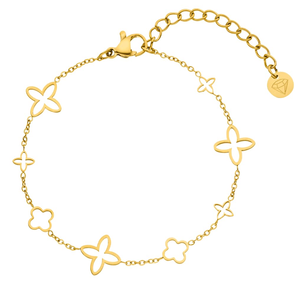DIAMOND MODE Kleeblatt Armband Damen Gold - Schmuck 18K Gelbgold vergoldet, Chirurgenstahl 316L, Fancy Clover, 16cm + 4cm Verlängerung, Wasserfest, Geschenk, Blumen