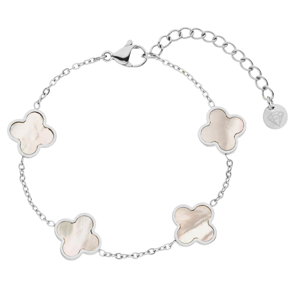 DIAMOND MODE Kleeblatt Armband Damen Gold – Schmuck 18K vergoldet, Clover Perlmutt, Chirurgenstahl 316L, wasserfest, verstellbar 16–20 cm – Geschenk