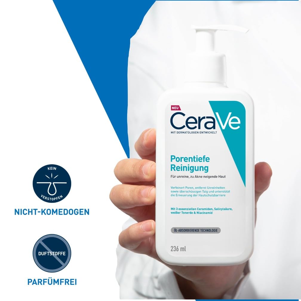 CeraVe Porentiefe Reinigung, Schäumendes Reinigungsgel mit Salicylsäure für das Gesicht bei unreiner und zu Akne neigender Haut, 236ml