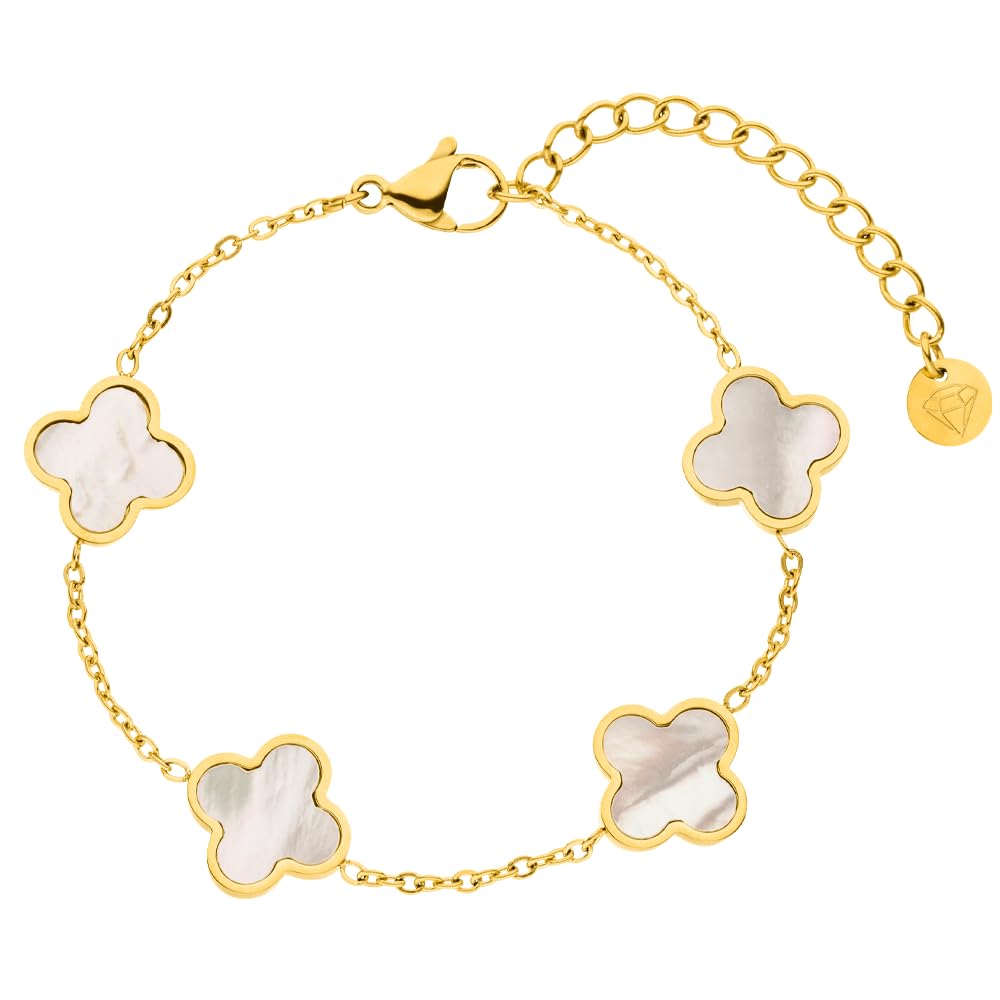 DIAMOND MODE Kleeblatt Armband Damen Gold – Schmuck 18K vergoldet, Clover Perlmutt, Chirurgenstahl 316L, wasserfest, verstellbar 16–20 cm – Geschenk
