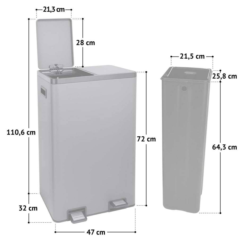 SVITA TM3X18 Edelstahl Treteimer 54 Liter Abfalleimer Mülleimer Design Silber Mülltrennung Papierkorb Küchen-Ordnung Trennsystem