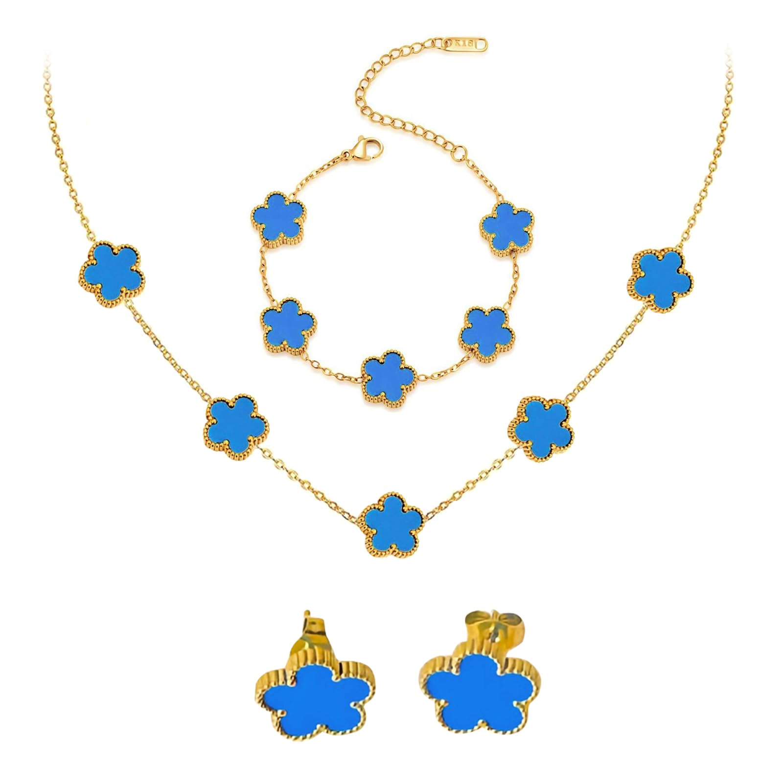 18k Vierblättriges Kleeblatt Schmuckset, Damen Und MäDchen Vergoldet Vierblättriges Kleeblatt Armband Halskette Ohrringe Armband,Schmuck Set für Muttertags,Valentinstag