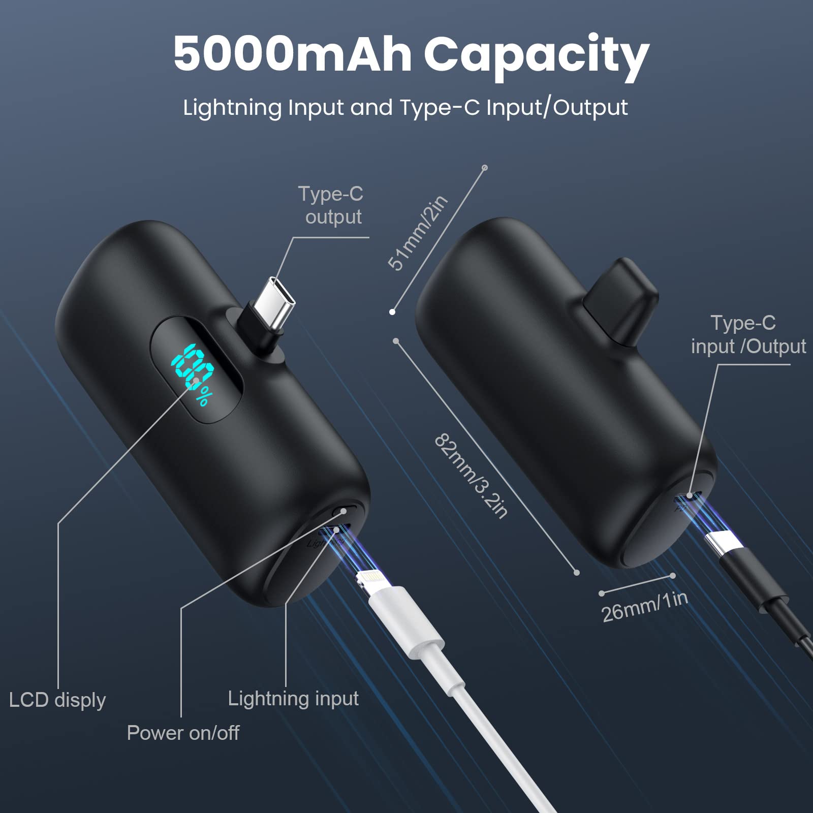 Power Bank USB C 5000mAh, Mini Powerbank Klein Aber Stark 15W PD 3.0 Schnelles Aufladen Tragbares Externer Akku mit LED Display Kompatibel mit iPhone 17/16/15, Samsung S25/24, Android Telefone