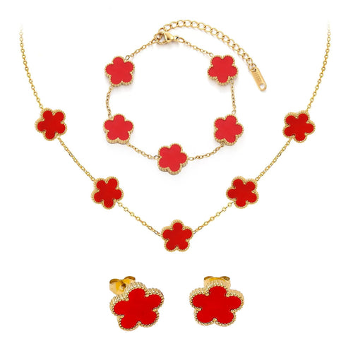 18k Vierblättriges Kleeblatt Schmuckset, Damen Und MäDchen Vergoldet Vierblättriges Kleeblatt Armband Halskette Ohrringe Armband,Schmuck Set für Muttertags,Valentinstag