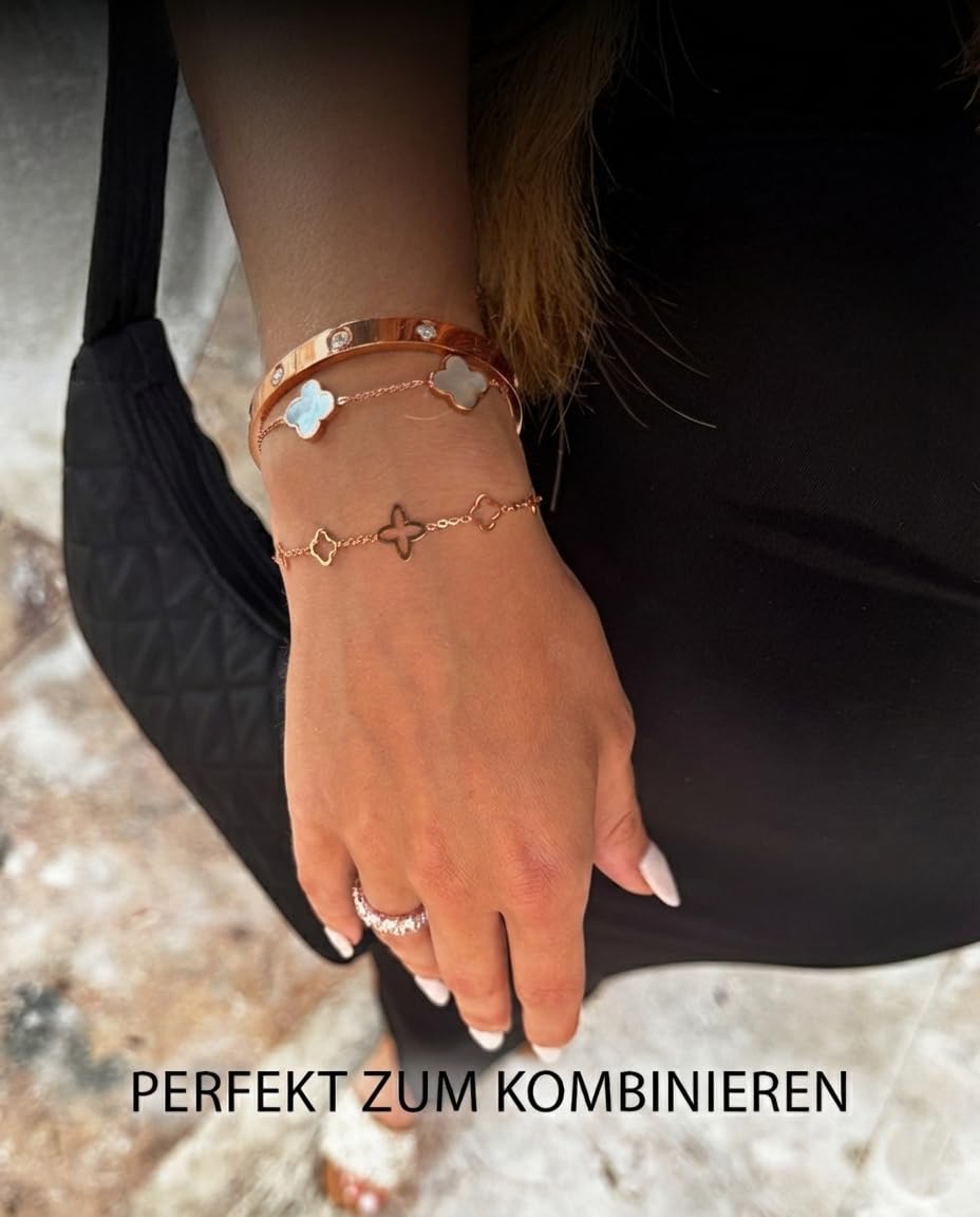 DIAMOND MODE Kleeblatt Armband Damen Gold - Schmuck 18K Gelbgold vergoldet, Chirurgenstahl 316L, Fancy Clover, 16cm + 4cm Verlängerung, Wasserfest, Geschenk, Blumen