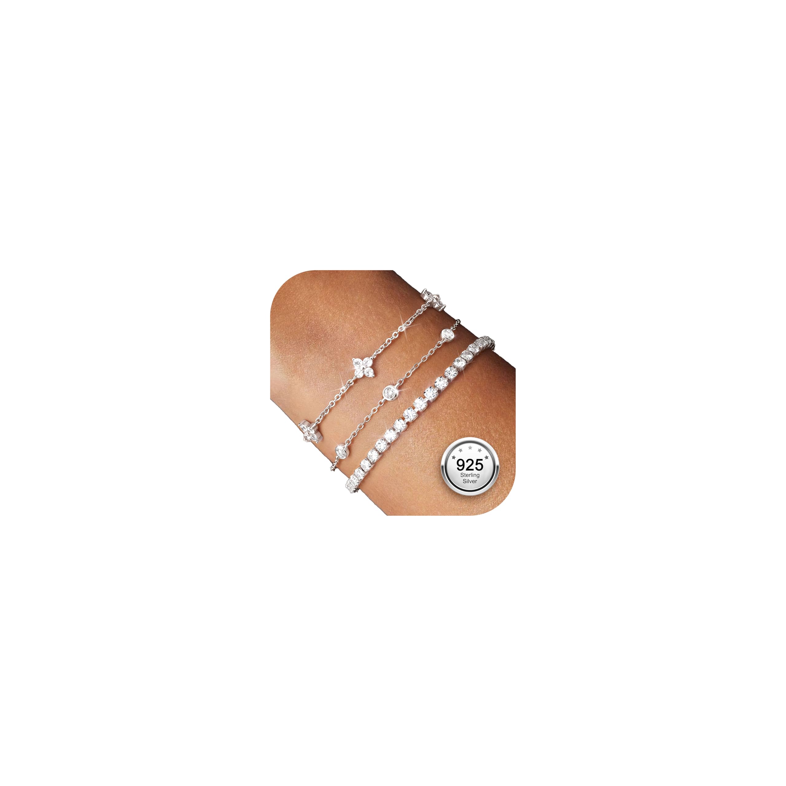 Finrezio 3 Stück Armband Damen Silber 925 Tennis Armband Silver Armband Set 14 Karat Vergoldet Gold Armbänder Damen Mit Zirkonia Verstellbare Armband Schmuck Geschenk für Damen Silber/Gold/Rosegold