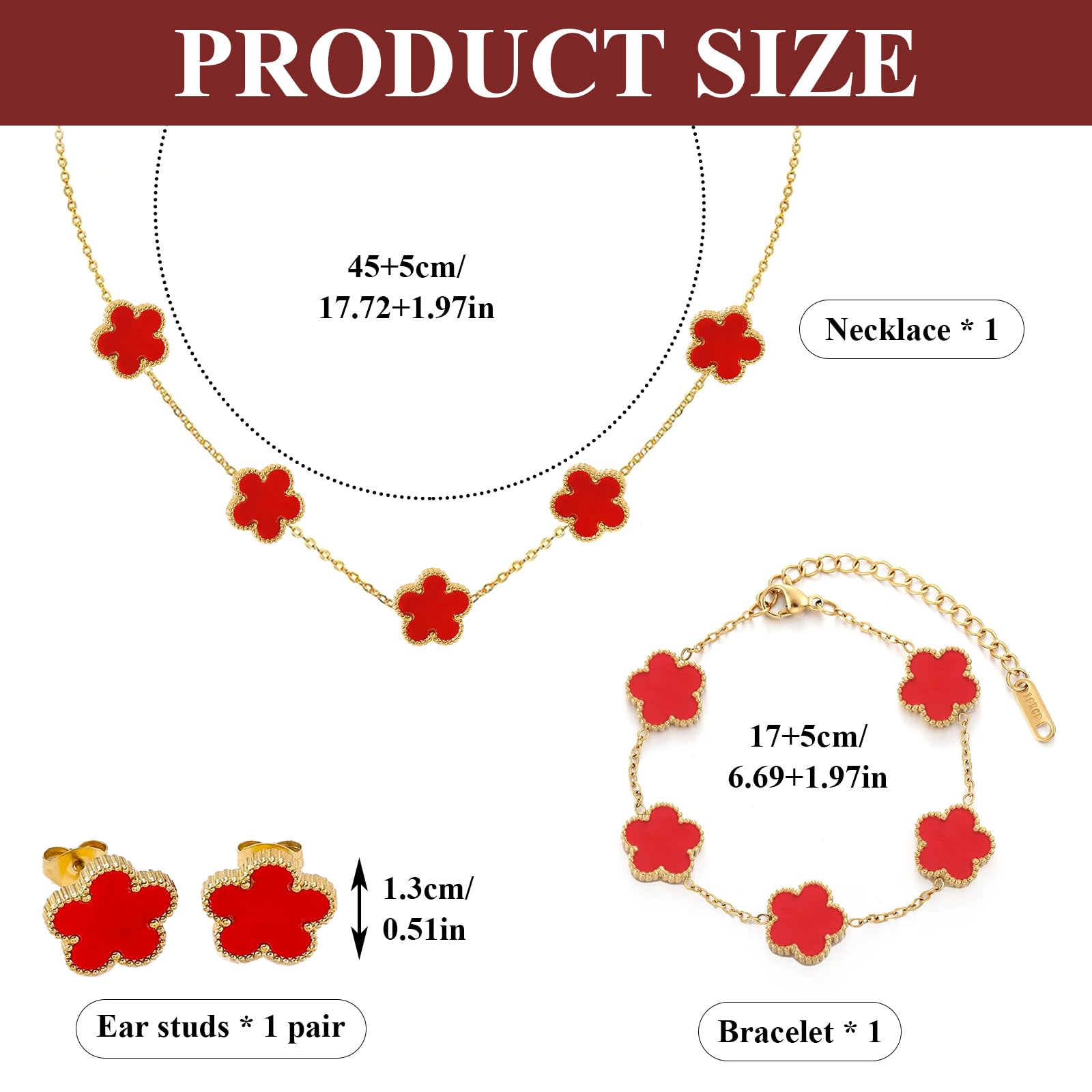 18k Vierblättriges Kleeblatt Schmuckset, Damen Und MäDchen Vergoldet Vierblättriges Kleeblatt Armband Halskette Ohrringe Armband,Schmuck Set für Muttertags,Valentinstag