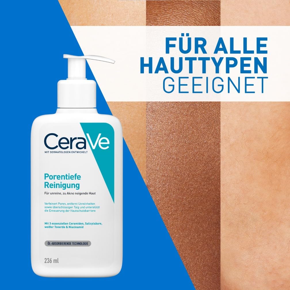CeraVe Porentiefe Reinigung, Schäumendes Reinigungsgel mit Salicylsäure für das Gesicht bei unreiner und zu Akne neigender Haut, 236ml