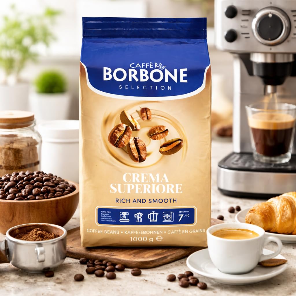 Caffè Borbone Kaffeebohnen - Crema Superiore - Authentischer neapolitanischer Espresso - Intensität 7/10 - Kraftvolle und raffinierte Mischung mit Noten von Milchschokolade und Vanille - 1kg Packung