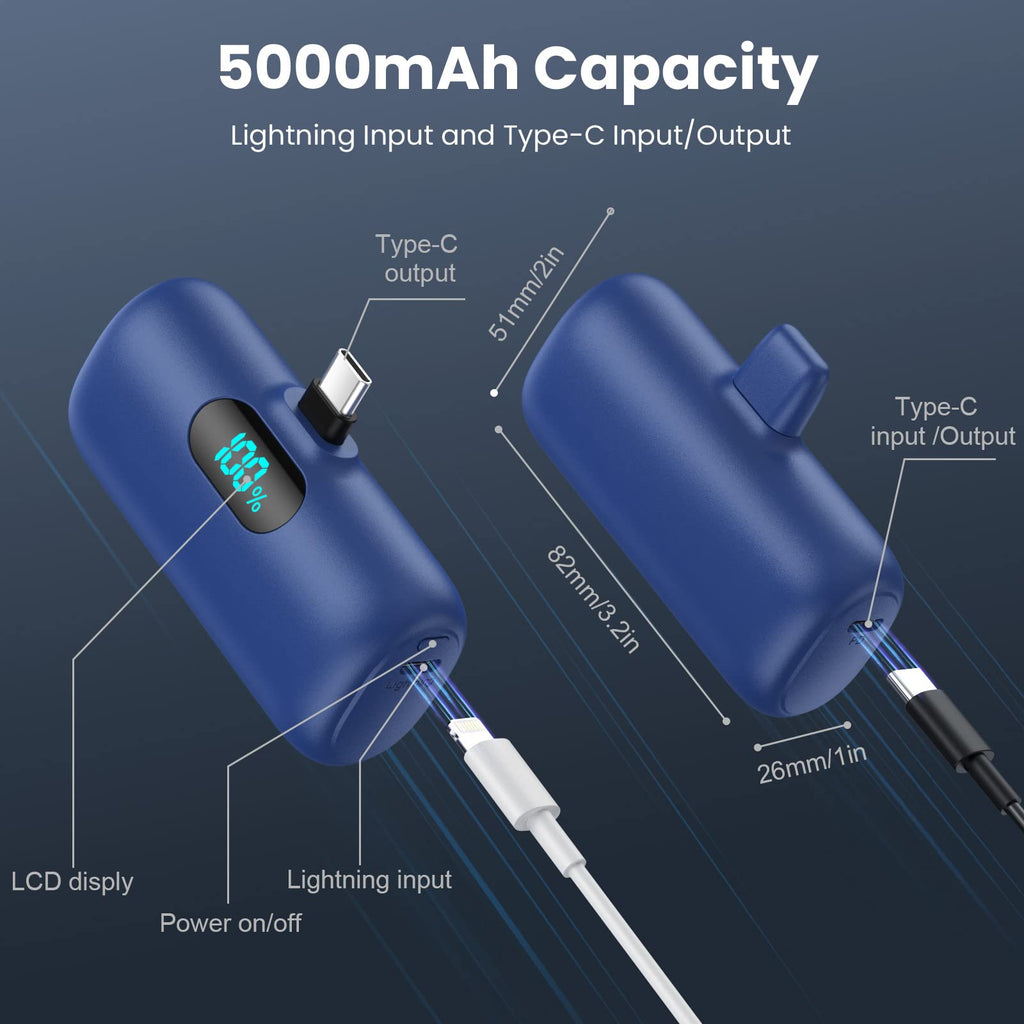 Power Bank USB C 5000mAh, Mini Powerbank Klein Aber Stark 15W PD 3.0 Schnelles Aufladen Tragbares Externer Akku mit LED Display Kompatibel mit iPhone 17/16/15, Samsung S25/24, Android Telefone