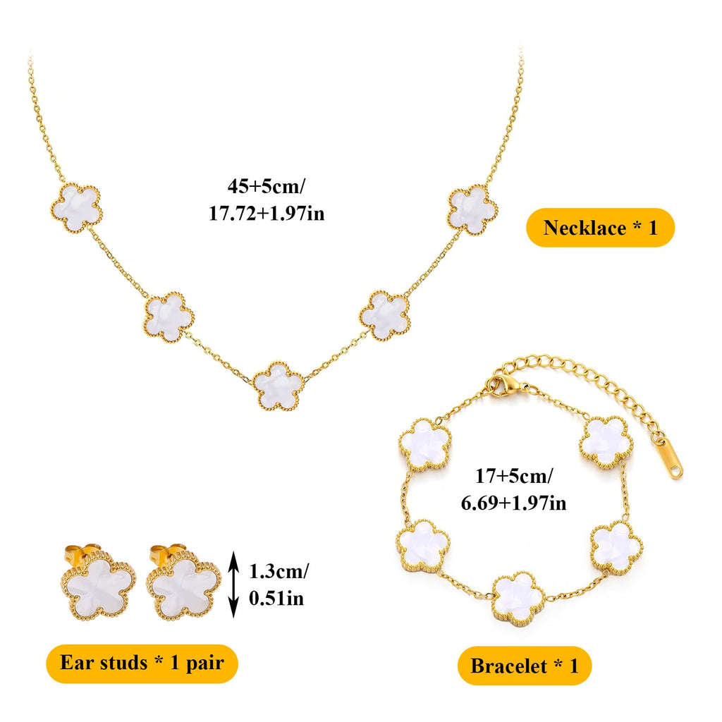 18k Vierblättriges Kleeblatt Schmuckset, Damen Und MäDchen Vergoldet Vierblättriges Kleeblatt Armband Halskette Ohrringe Armband,Schmuck Set für Muttertags,Valentinstag