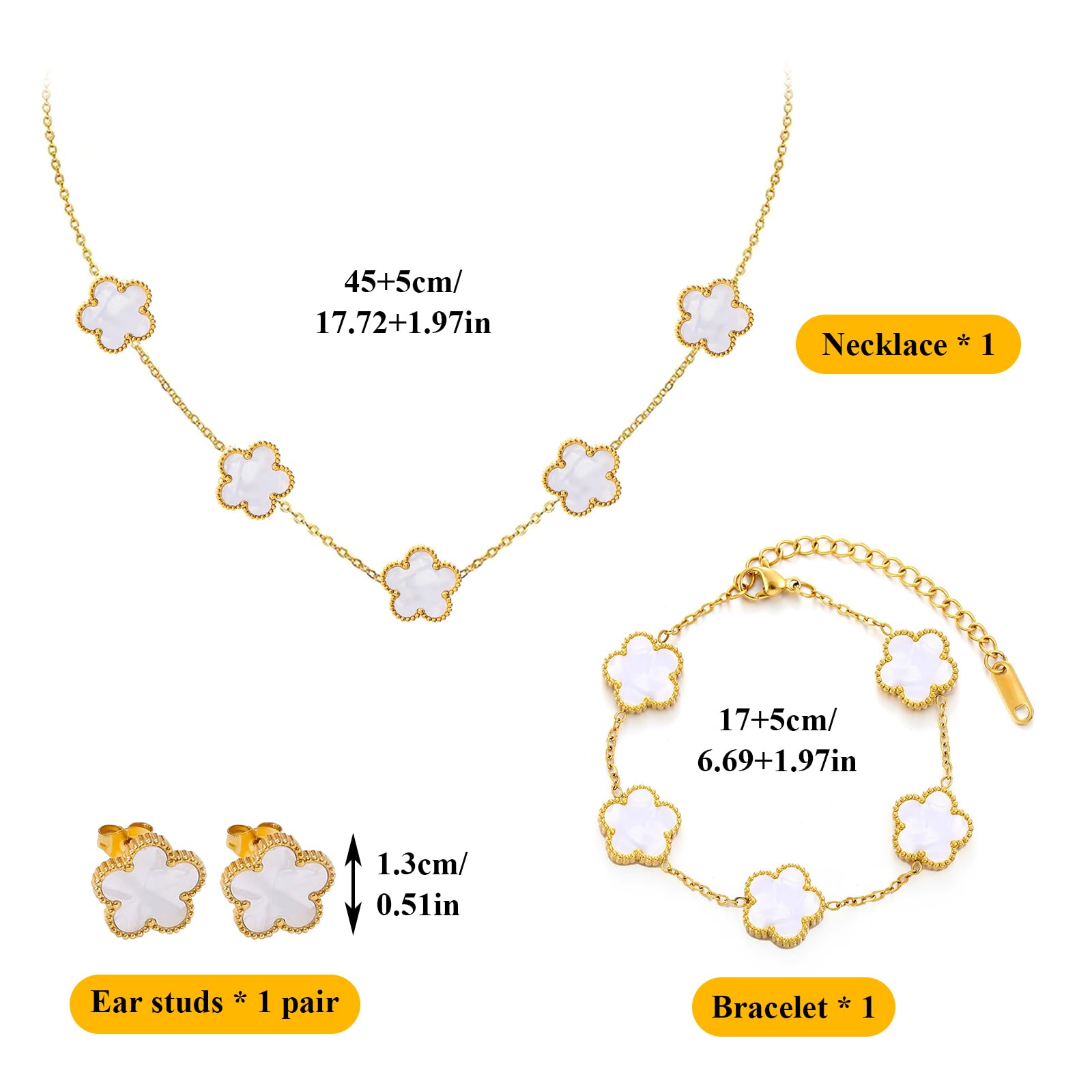 18k Vierblättriges Kleeblatt Schmuckset, Damen Und MäDchen Vergoldet Vierblättriges Kleeblatt Armband Halskette Ohrringe Armband,Schmuck Set für Muttertags,Valentinstag