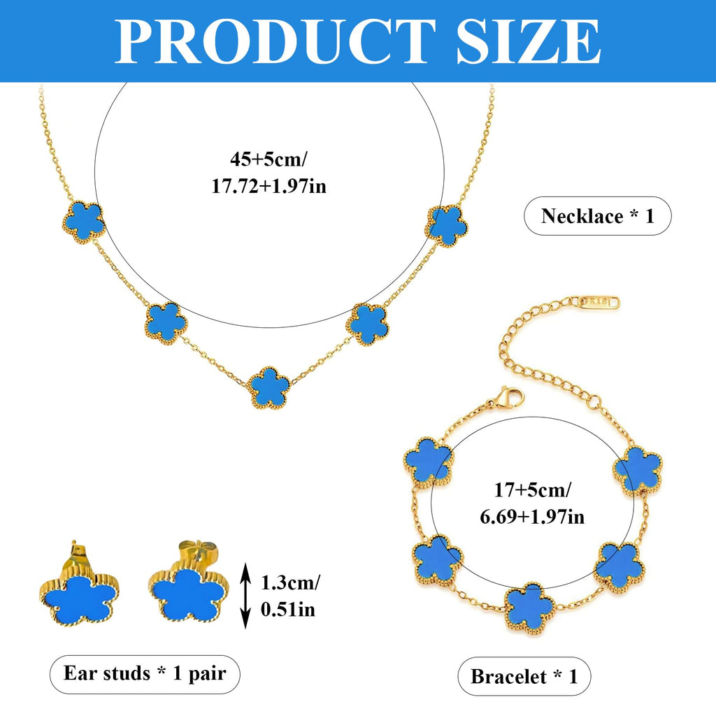 18k Vierblättriges Kleeblatt Schmuckset, Damen Und MäDchen Vergoldet Vierblättriges Kleeblatt Armband Halskette Ohrringe Armband,Schmuck Set für Muttertags,Valentinstag