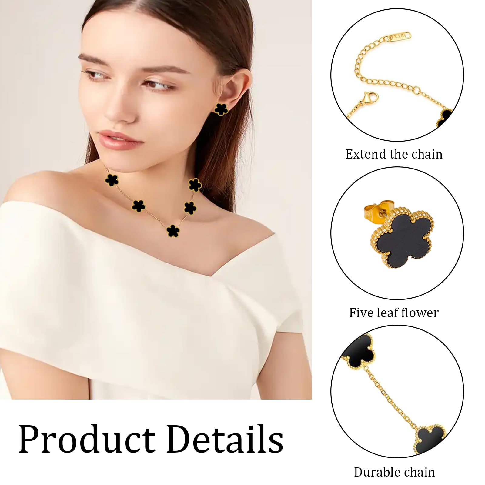 18k Vierblättriges Kleeblatt Schmuckset, Damen Und MäDchen Vergoldet Vierblättriges Kleeblatt Armband Halskette Ohrringe Armband,Schmuck Set für Muttertags,Valentinstag