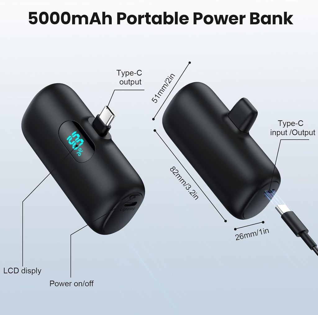 Power Bank USB C 5000mAh, Mini Powerbank Klein Aber Stark 15W PD 3.0 Schnelles Aufladen Tragbares Externer Akku mit LED Display Kompatibel mit iPhone 17/16/15, Samsung S25/24, Android Telefone