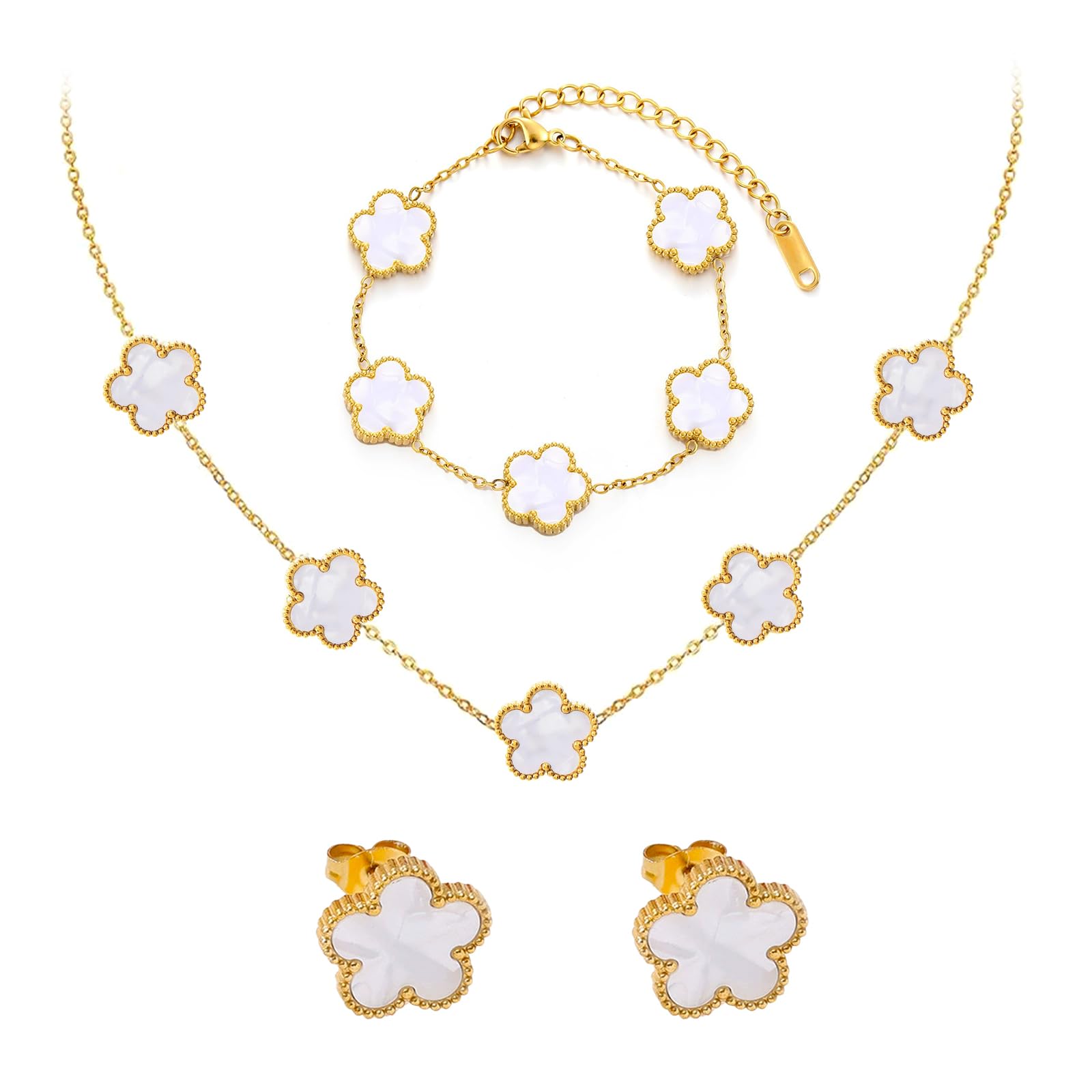 18k Vierblättriges Kleeblatt Schmuckset, Damen Und MäDchen Vergoldet Vierblättriges Kleeblatt Armband Halskette Ohrringe Armband,Schmuck Set für Muttertags,Valentinstag