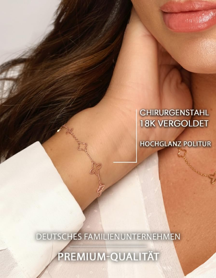 DIAMOND MODE Kleeblatt Armband Damen Gold - Schmuck 18K Gelbgold vergoldet, Chirurgenstahl 316L, Fancy Clover, 16cm + 4cm Verlängerung, Wasserfest, Geschenk, Blumen