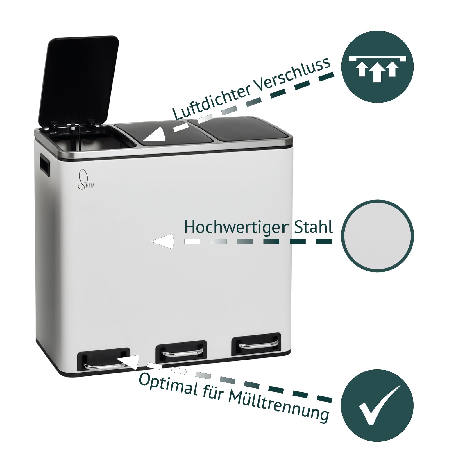 SVITA TM3X18 Edelstahl Treteimer 54 Liter Abfalleimer Mülleimer Design Silber Mülltrennung Papierkorb Küchen-Ordnung Trennsystem