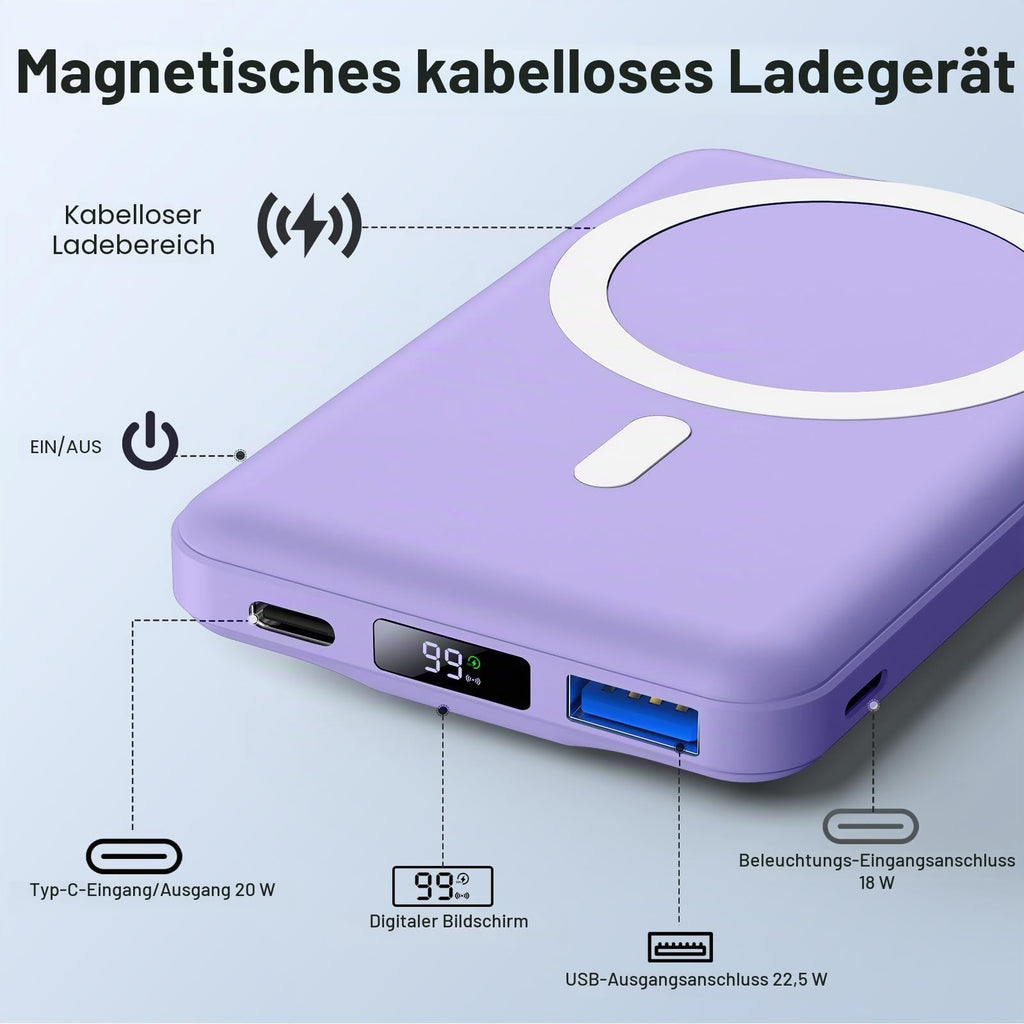 Powerbank für MagSafe, AOGUERBE Magnetische Power Bank 10000mAh, Kabellose Powerbank Schnellladung Externe Handyakkus mit LED Display für iPhone 17/16/15/14/13/12 Series