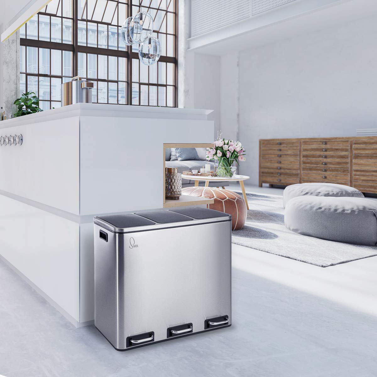 SVITA TM3X18 Edelstahl Treteimer 54 Liter Abfalleimer Mülleimer Design Silber Mülltrennung Papierkorb Küchen-Ordnung Trennsystem