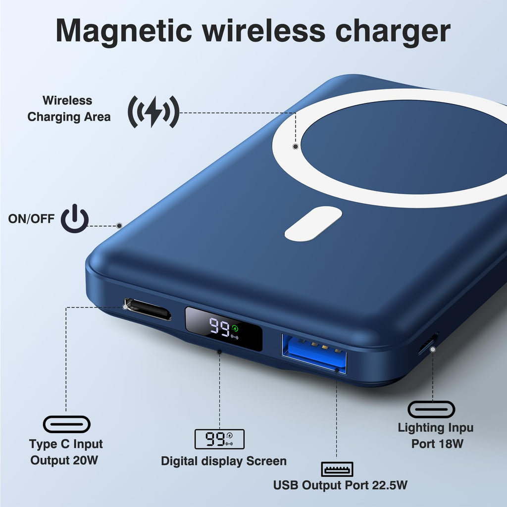 Powerbank für MagSafe, AOGUERBE Magnetische Power Bank 10000mAh, Kabellose Powerbank Schnellladung Externe Handyakkus mit LED Display für iPhone 17/16/15/14/13/12 Series
