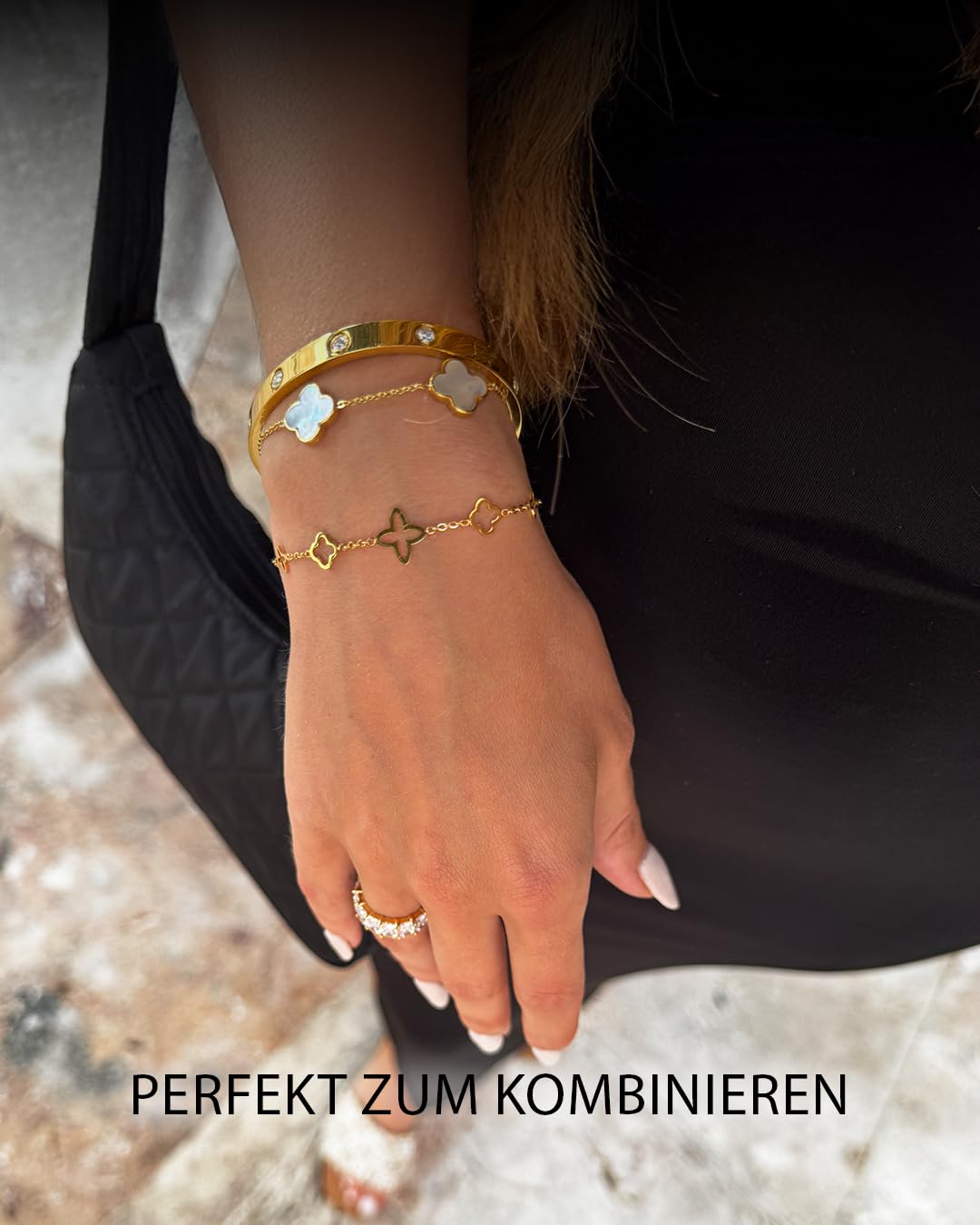 DIAMOND MODE Kleeblatt Armband Damen Gold – Schmuck 18K vergoldet, Clover Perlmutt, Chirurgenstahl 316L, wasserfest, verstellbar 16–20 cm – Geschenk