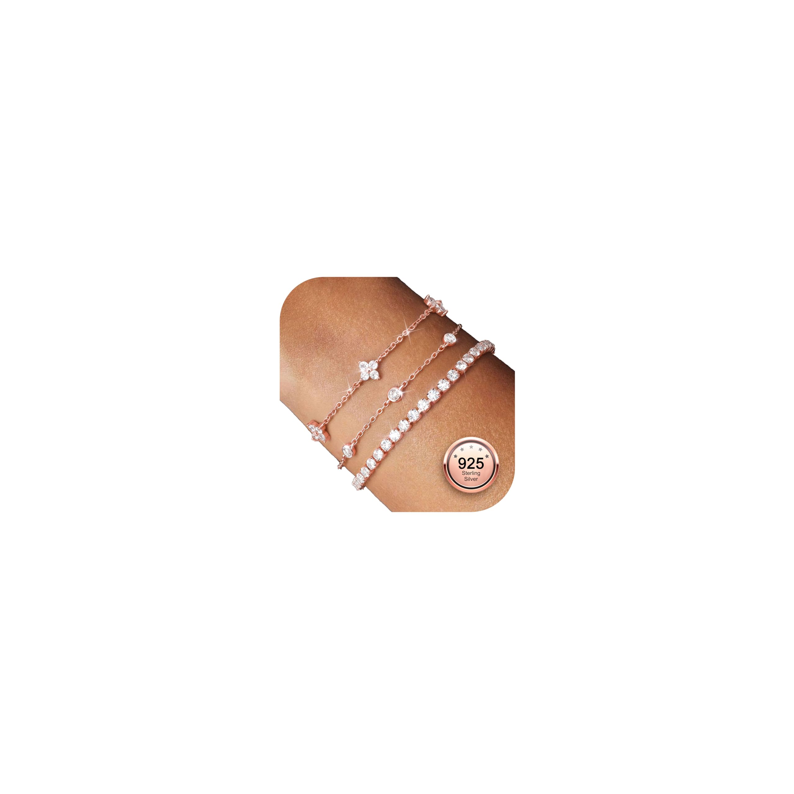 Finrezio 3 Stück Armband Damen Silber 925 Tennis Armband Silver Armband Set 14 Karat Vergoldet Gold Armbänder Damen Mit Zirkonia Verstellbare Armband Schmuck Geschenk für Damen Silber/Gold/Rosegold