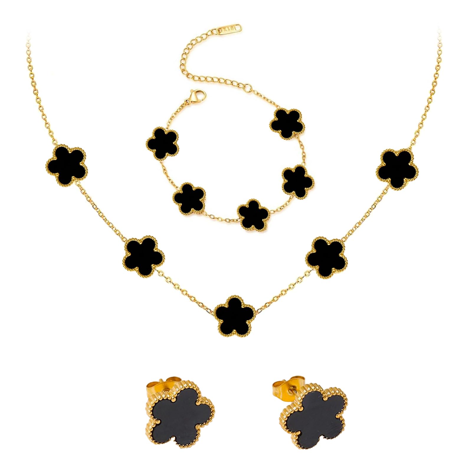18k Vierblättriges Kleeblatt Schmuckset, Damen Und MäDchen Vergoldet Vierblättriges Kleeblatt Armband Halskette Ohrringe Armband,Schmuck Set für Muttertags,Valentinstag