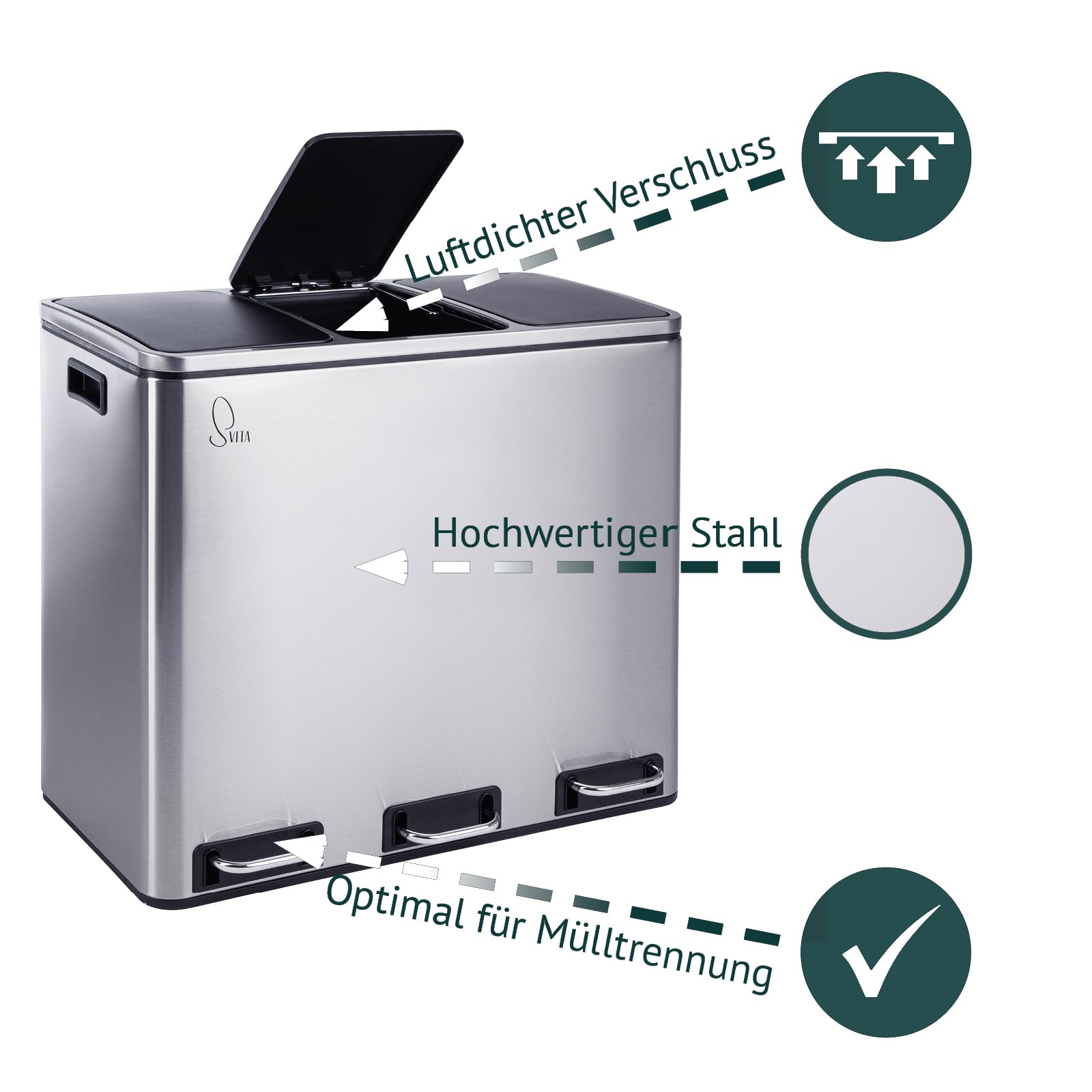 SVITA TM3X18 Edelstahl Treteimer 54 Liter Abfalleimer Mülleimer Design Silber Mülltrennung Papierkorb Küchen-Ordnung Trennsystem