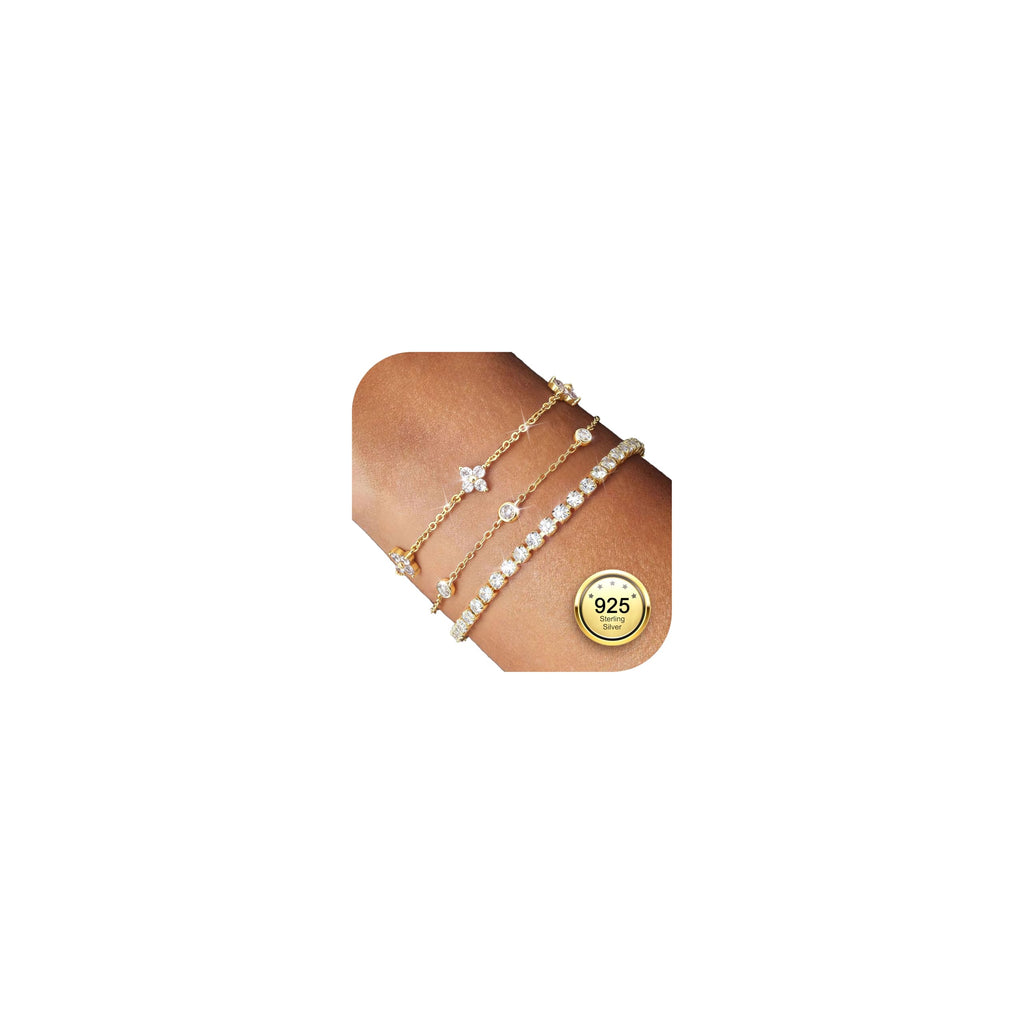 Finrezio 3 Stück Armband Damen Silber 925 Tennis Armband Silver Armband Set 14 Karat Vergoldet Gold Armbänder Damen Mit Zirkonia Verstellbare Armband Schmuck Geschenk für Damen Silber/Gold/Rosegold