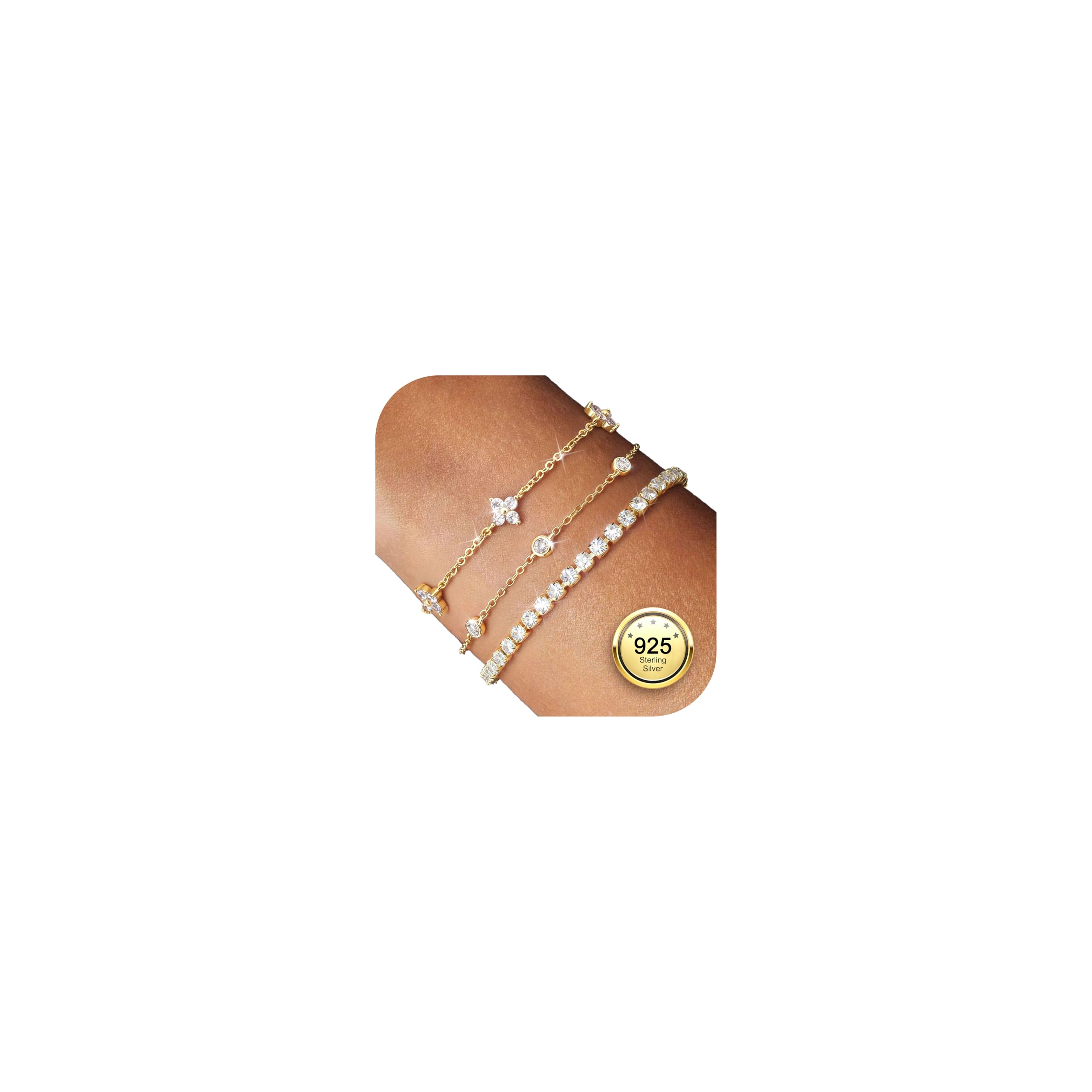 Finrezio 3 Stück Armband Damen Silber 925 Tennis Armband Silver Armband Set 14 Karat Vergoldet Gold Armbänder Damen Mit Zirkonia Verstellbare Armband Schmuck Geschenk für Damen Silber/Gold/Rosegold