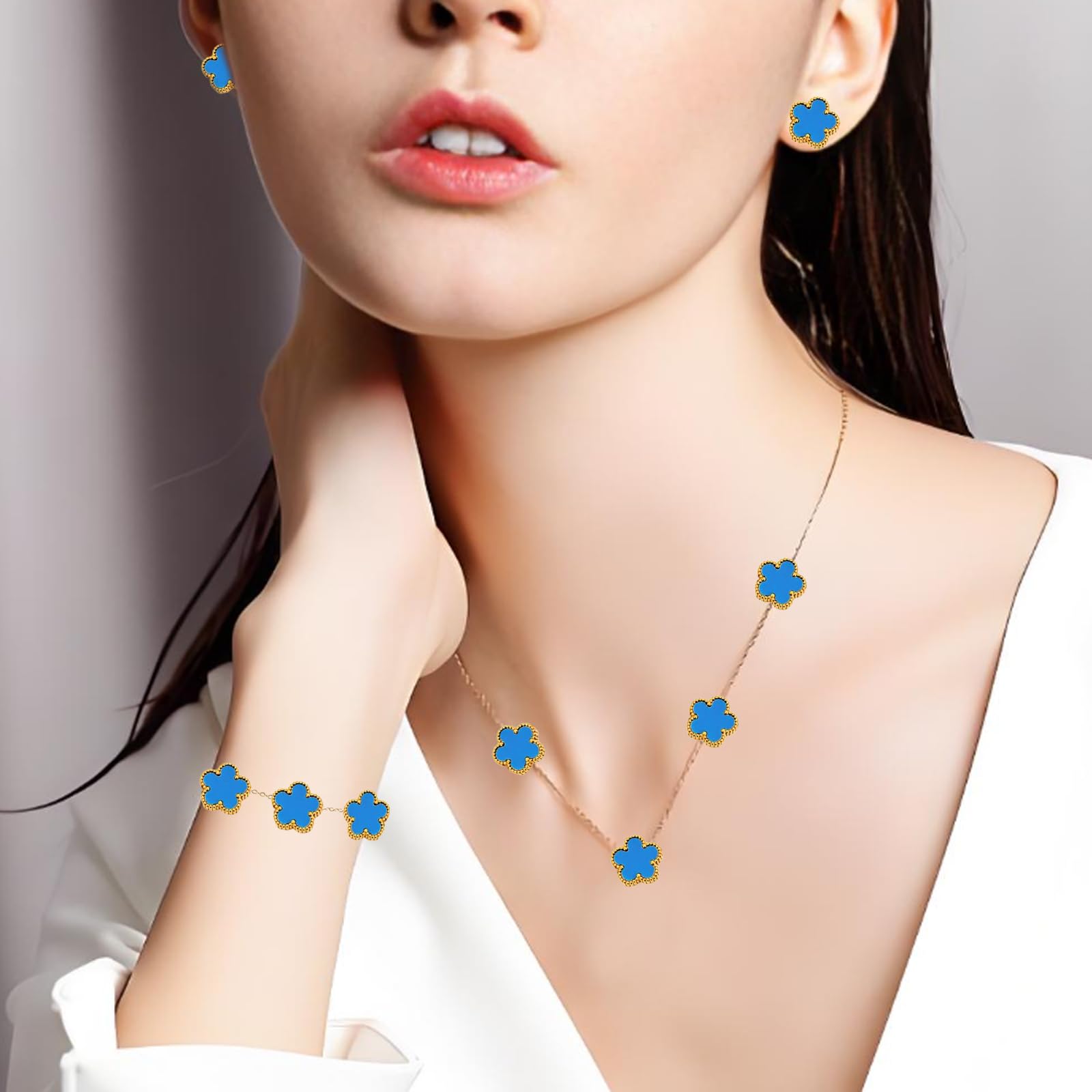 18k Vierblättriges Kleeblatt Schmuckset, Damen Und MäDchen Vergoldet Vierblättriges Kleeblatt Armband Halskette Ohrringe Armband,Schmuck Set für Muttertags,Valentinstag