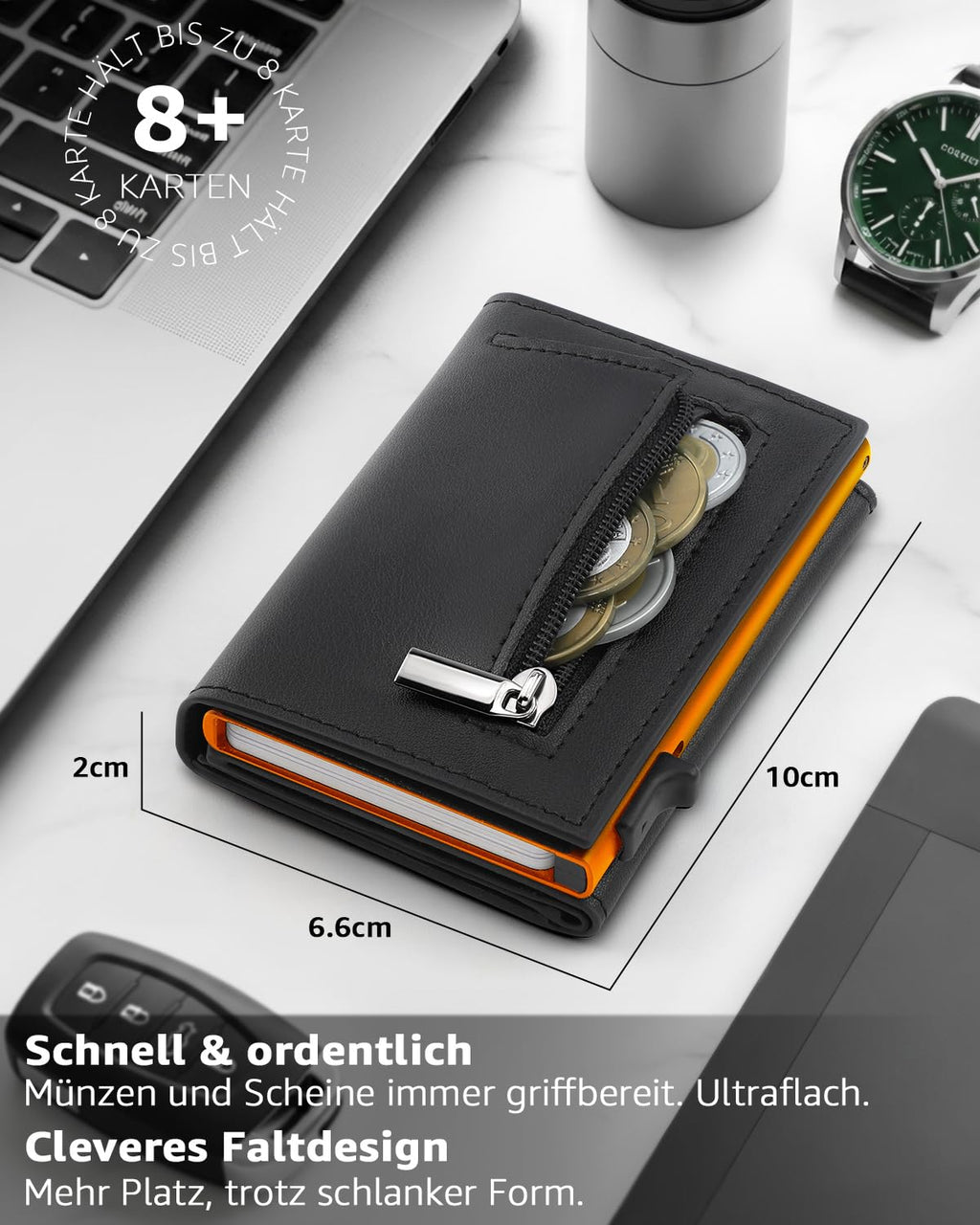 TEEHON Leder Geldbörse Herren mit Münzfach & RFID Schutz | Slim Wallet Kreditkartenetui mit Banknotenfächer | Carbon Geldbeutel Herren Kartenetui Klein& ID-Fenster | Mini Portmonee | Schwarz