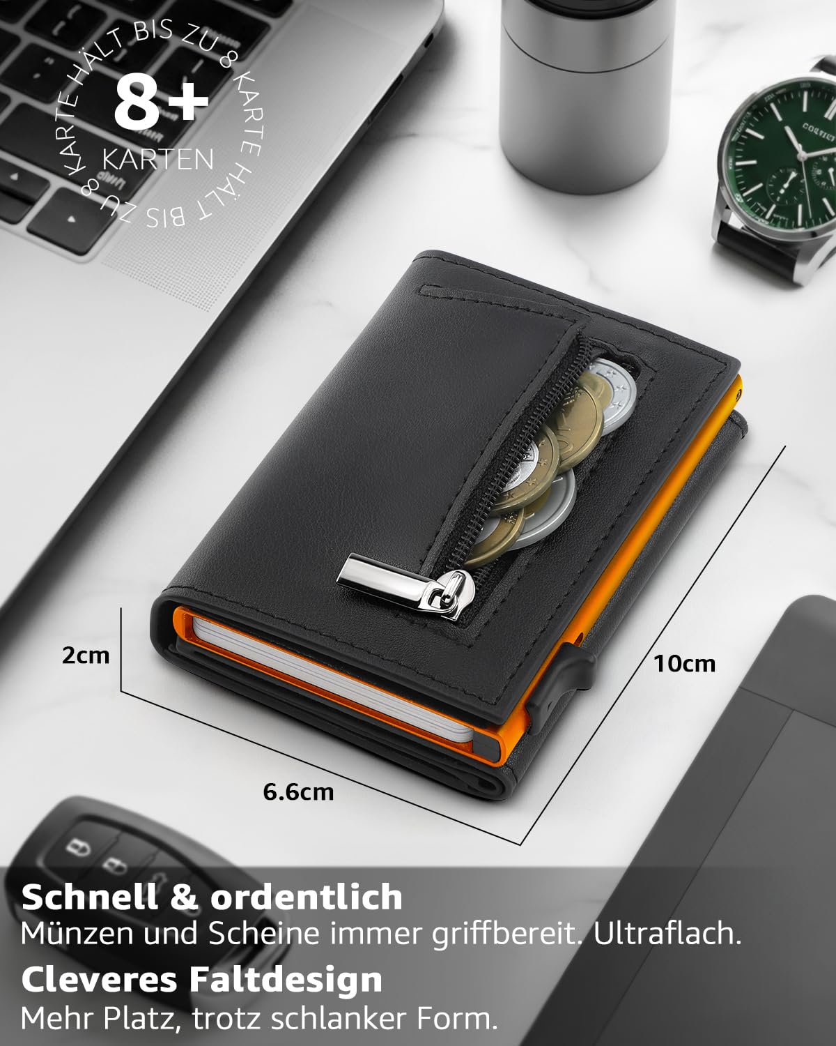 TEEHON Leder Geldbörse Herren mit Münzfach & RFID Schutz | Slim Wallet Kreditkartenetui mit Banknotenfächer | Carbon Geldbeutel Herren Kartenetui Klein& ID-Fenster | Mini Portmonee | Schwarz