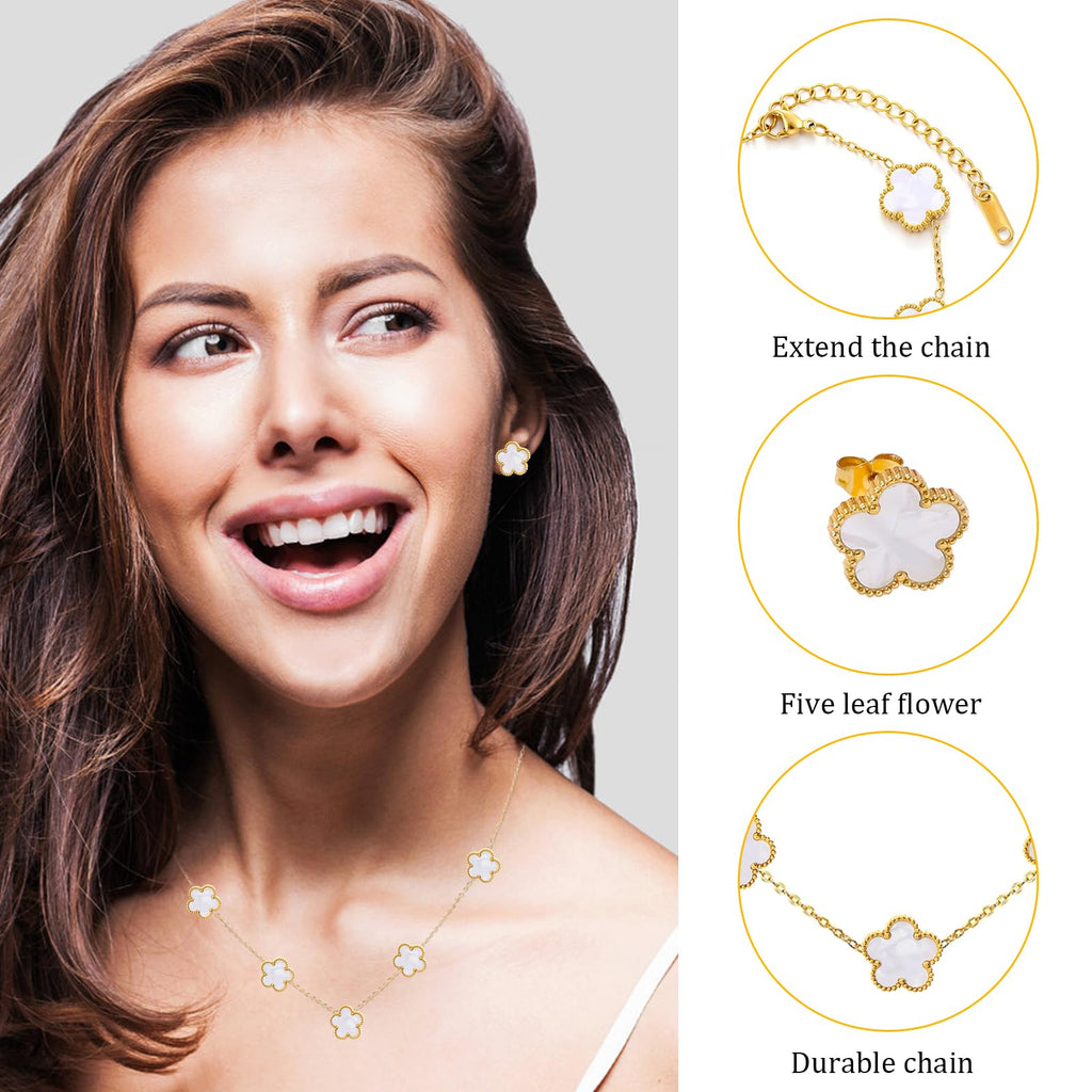 18k Vierblättriges Kleeblatt Schmuckset, Damen Und MäDchen Vergoldet Vierblättriges Kleeblatt Armband Halskette Ohrringe Armband,Schmuck Set für Muttertags,Valentinstag