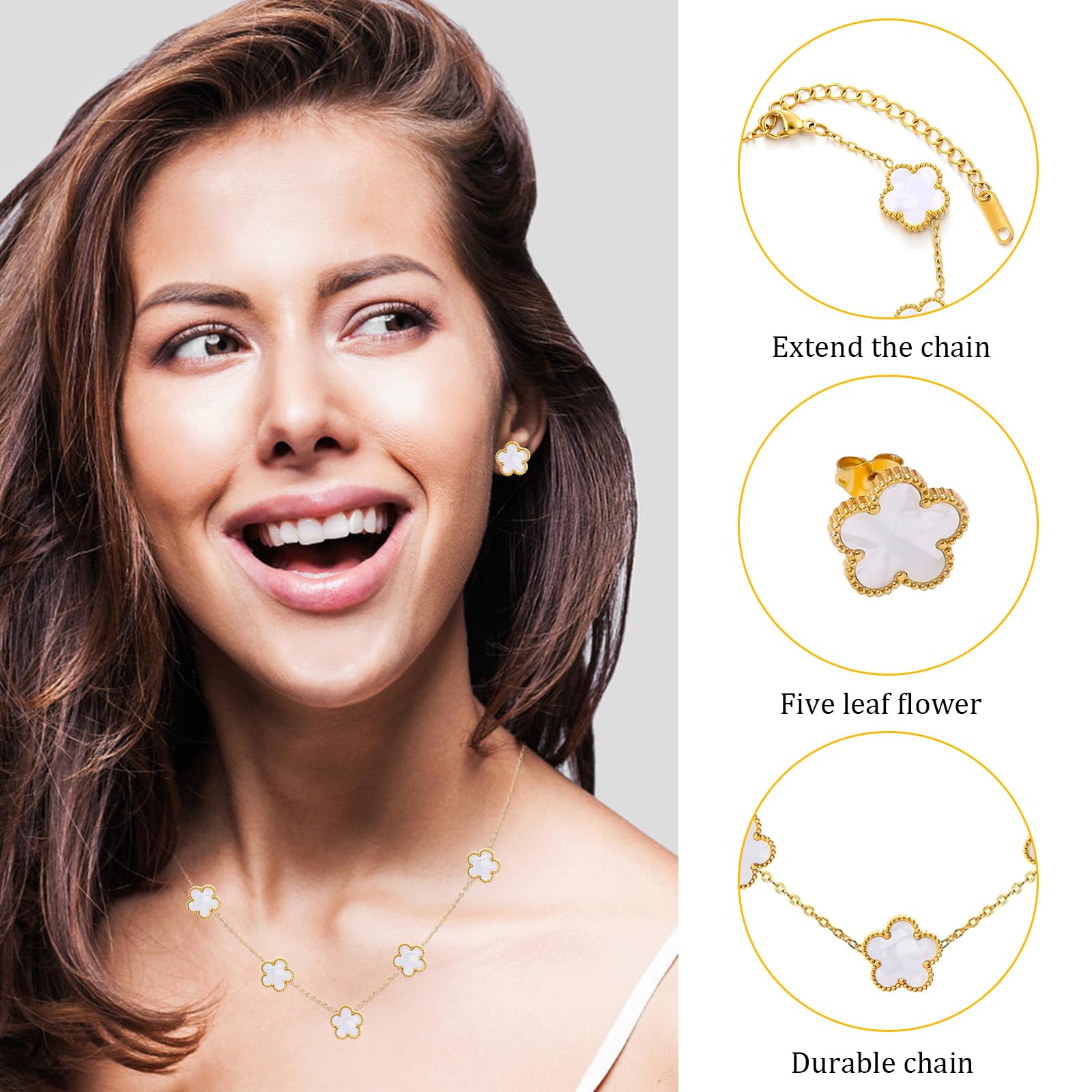 18k Vierblättriges Kleeblatt Schmuckset, Damen Und MäDchen Vergoldet Vierblättriges Kleeblatt Armband Halskette Ohrringe Armband,Schmuck Set für Muttertags,Valentinstag