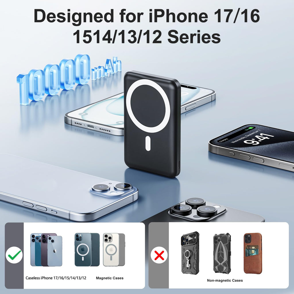Powerbank für MagSafe, AOGUERBE Magnetische Power Bank 10000mAh, Kabellose Powerbank Schnellladung Externe Handyakkus mit LED Display für iPhone 17/16/15/14/13/12 Series