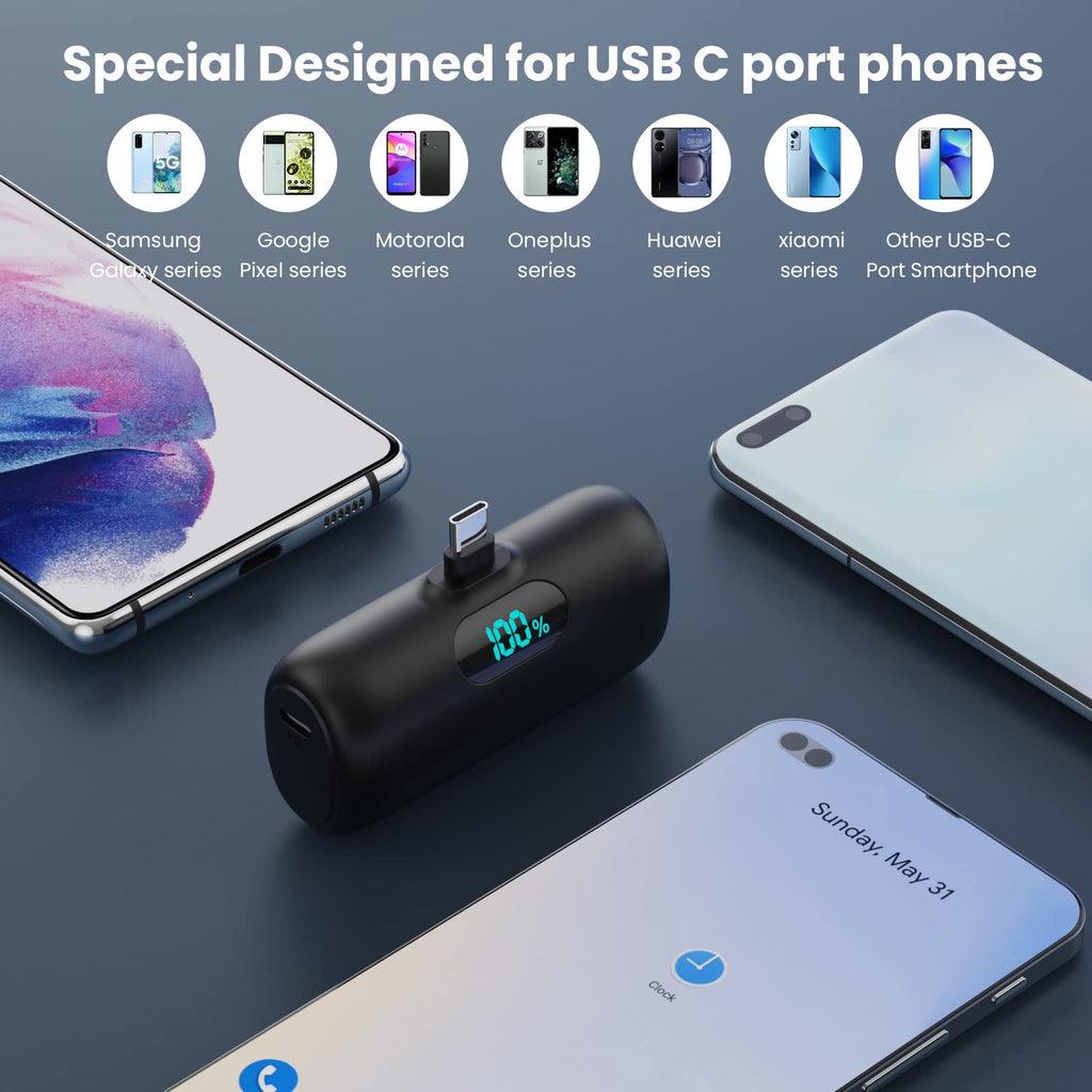 Power Bank USB C 5000mAh, Mini Powerbank Klein Aber Stark 15W PD 3.0 Schnelles Aufladen Tragbares Externer Akku mit LED Display Kompatibel mit iPhone 17/16/15, Samsung S25/24, Android Telefone