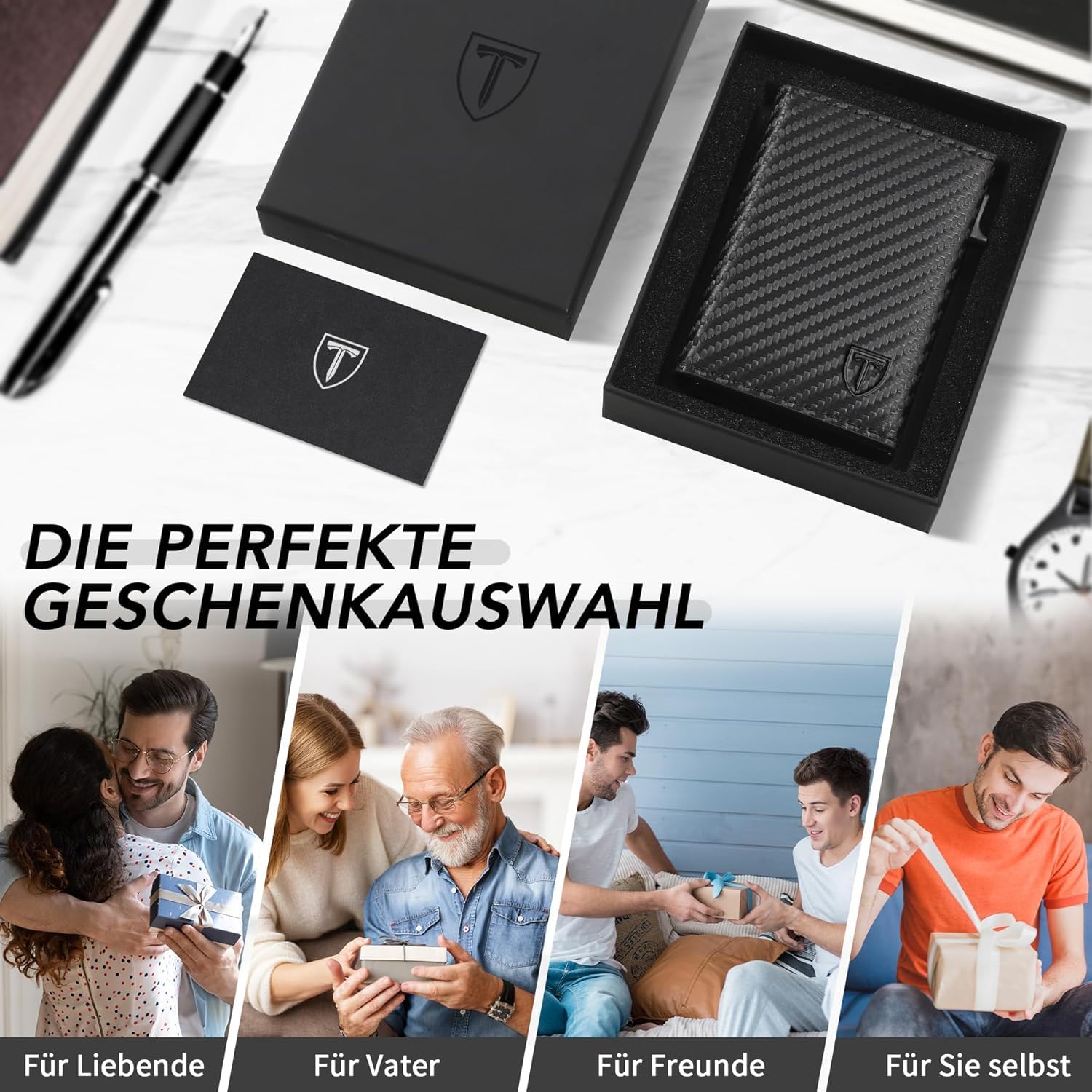 TEEHON Leder Geldbörse Herren mit Münzfach & RFID Schutz | Slim Wallet Kreditkartenetui mit Banknotenfächer | Carbon Geldbeutel Herren Kartenetui Klein& ID-Fenster | Mini Portmonee | Schwarz