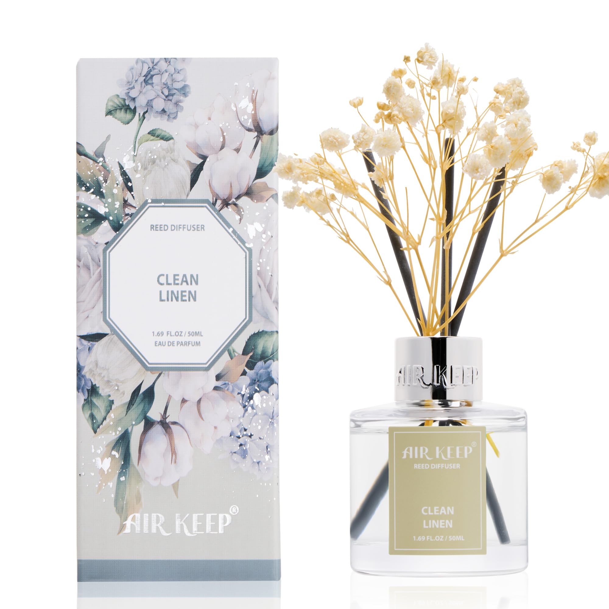 Airkeep Raumduft Clean Linen Duft, Reed Diffuser mit 8 Duftstäbchen, Lufterfrischer für Badezimmer, Wohnung, Heimdekoration, 100ml