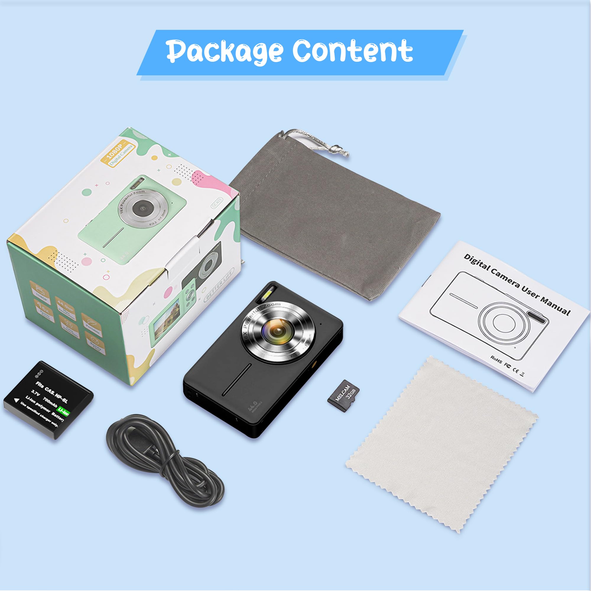 Digitalkamera 1080P 44MP Vlogging Kamera für Kinder Jugendliche, FHD Kompaktkamera Fotokamera mit 2,4" Bildschirm 16X Zoom, Anti-Shake Minikamera für Anfänger Studenten Jungen Mädchen-Schwarz