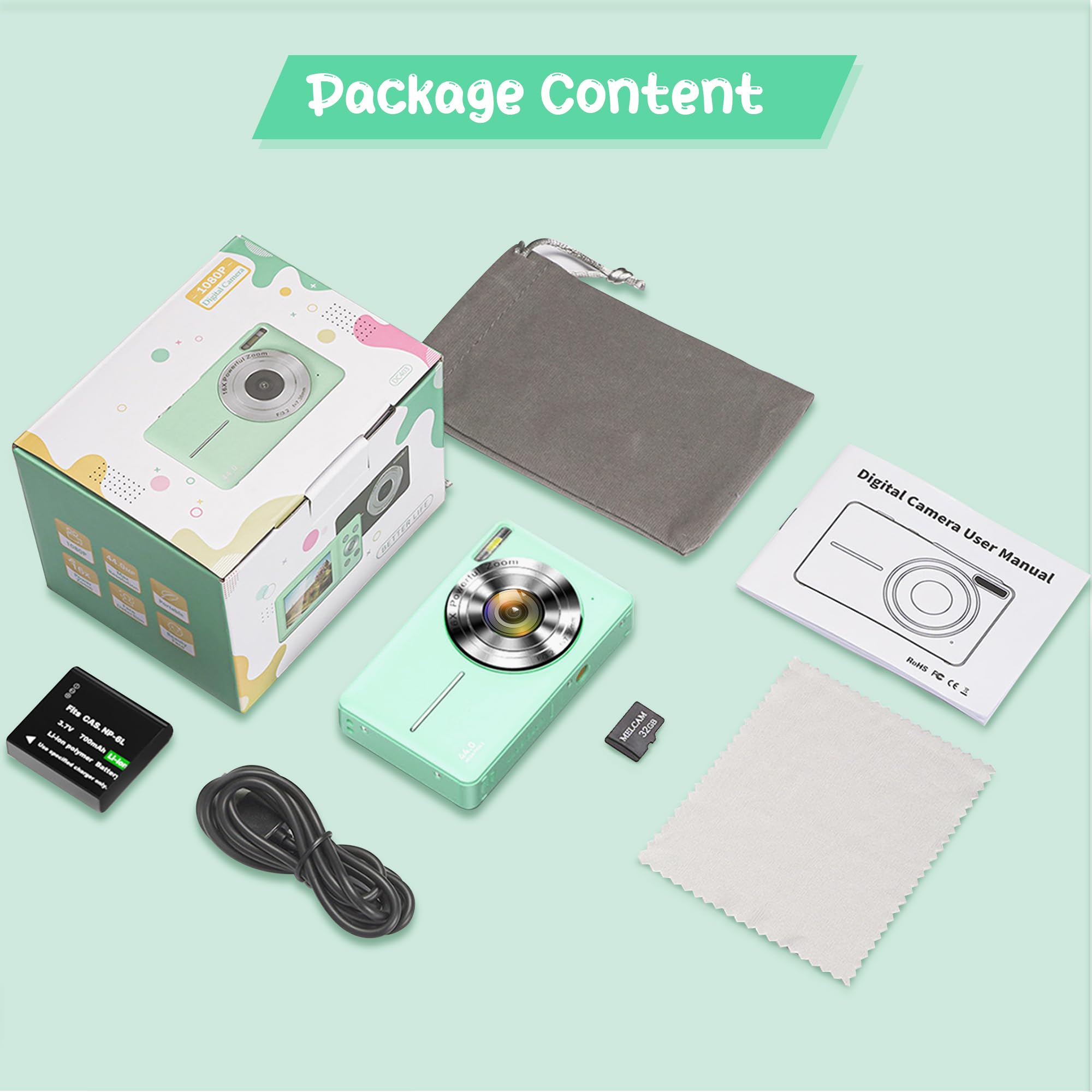Digitalkamera 1080P 44MP Vlogging Kamera für Kinder Jugendliche, FHD Kompaktkamera Fotokamera mit 2,4" Bildschirm 16X Zoom, Anti-Shake Minikamera für Anfänger Studenten Jungen Mädchen-Schwarz