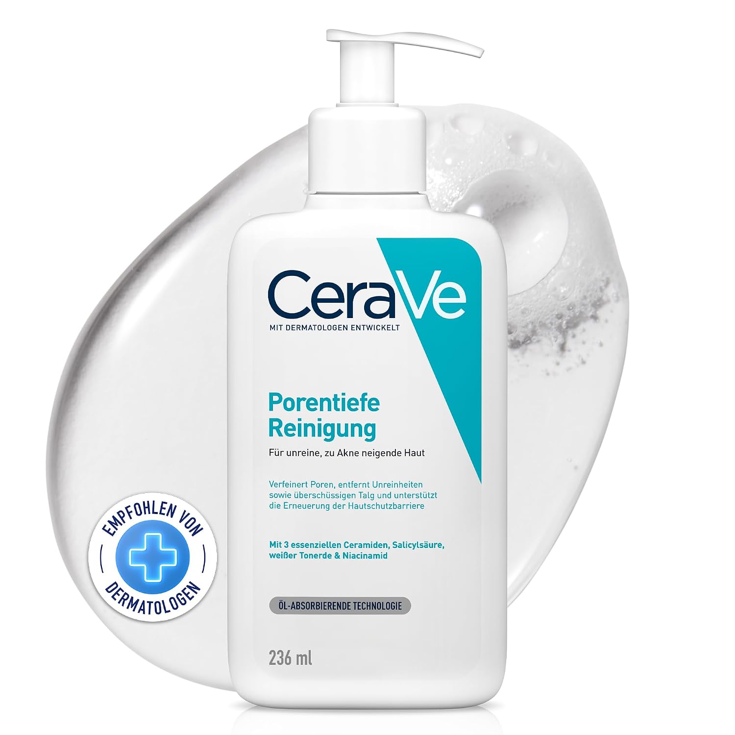 CeraVe Porentiefe Reinigung, Schäumendes Reinigungsgel mit Salicylsäure für das Gesicht bei unreiner und zu Akne neigender Haut, 236ml