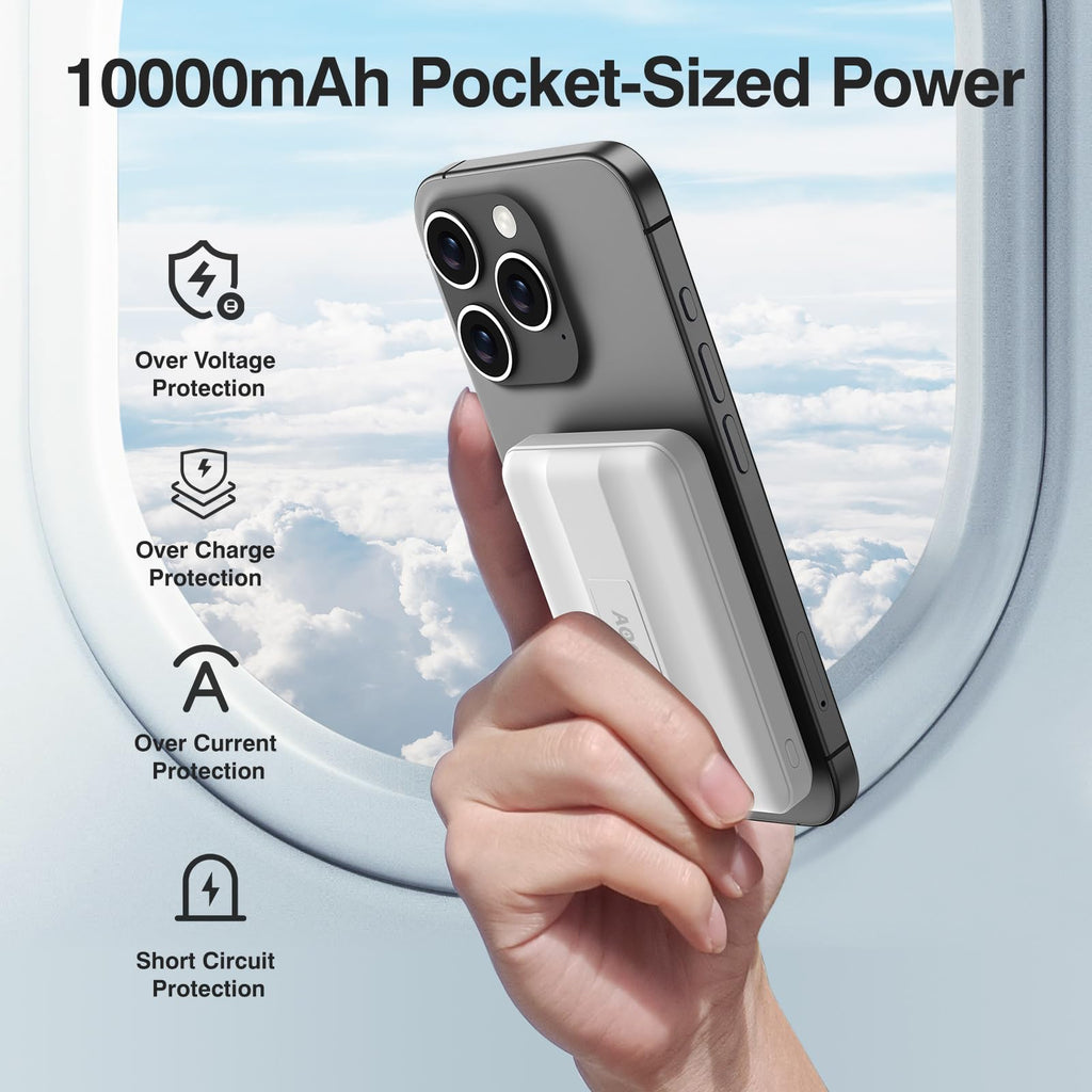 Powerbank für MagSafe, AOGUERBE Magnetische Power Bank 10000mAh, Kabellose Powerbank Schnellladung Externe Handyakkus mit LED Display für iPhone 17/16/15/14/13/12 Series