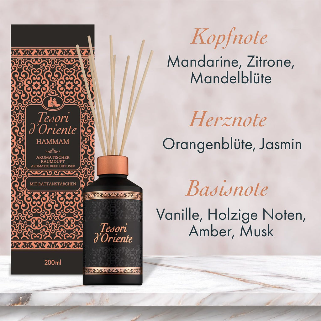 TESORI D’ORIENTE Duftstäbchen 'Hammam' | Aromatischer Raumduft | Orangenblüte, Mandarine & Amber | Duftdauer bis zu 8 Wochen | Sinnlicher Duft für orientalische Atmosphäre | Für Körper & Sinne | 200ml
