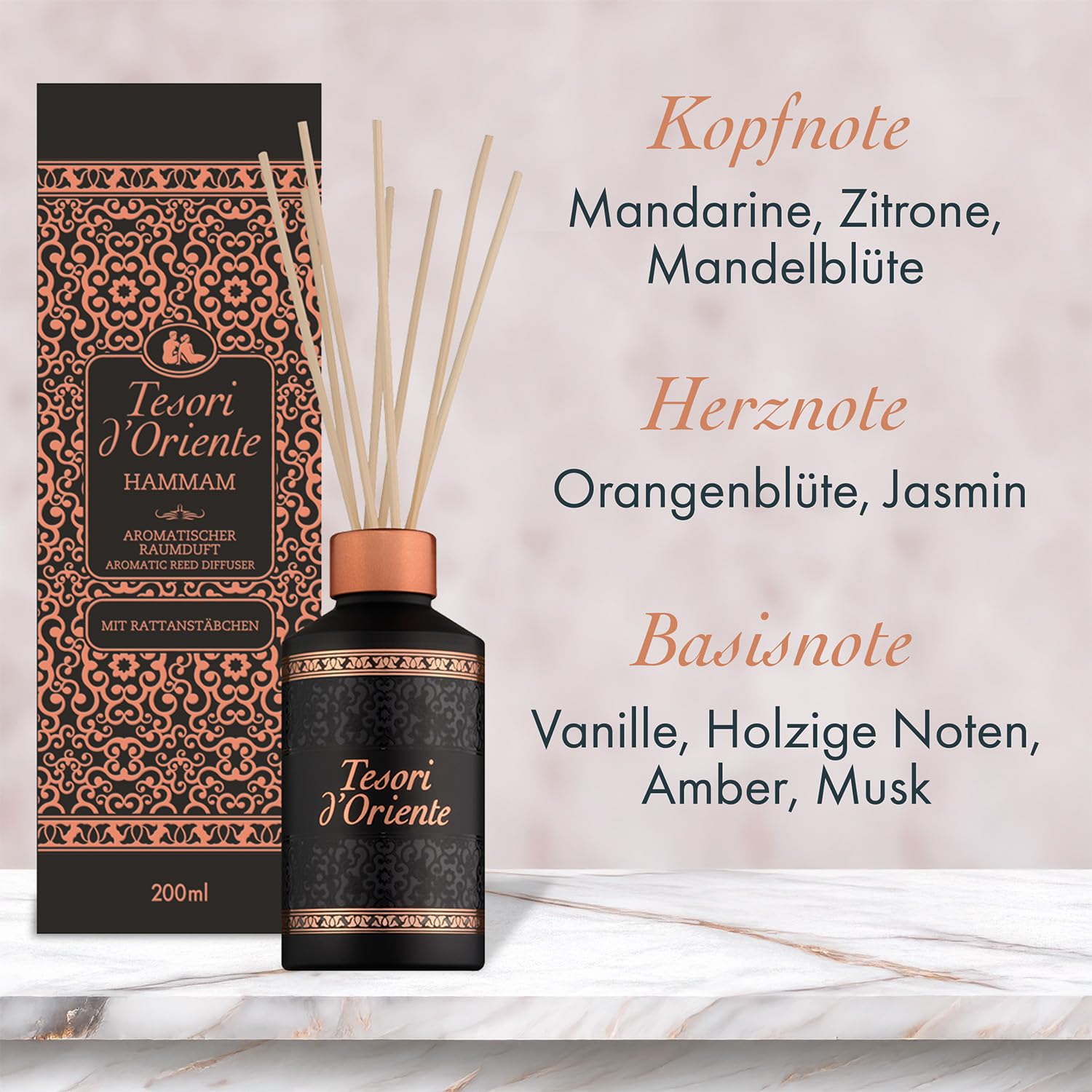 TESORI D’ORIENTE Duftstäbchen 'Hammam' | Aromatischer Raumduft | Orangenblüte, Mandarine & Amber | Duftdauer bis zu 8 Wochen | Sinnlicher Duft für orientalische Atmosphäre | Für Körper & Sinne | 200ml