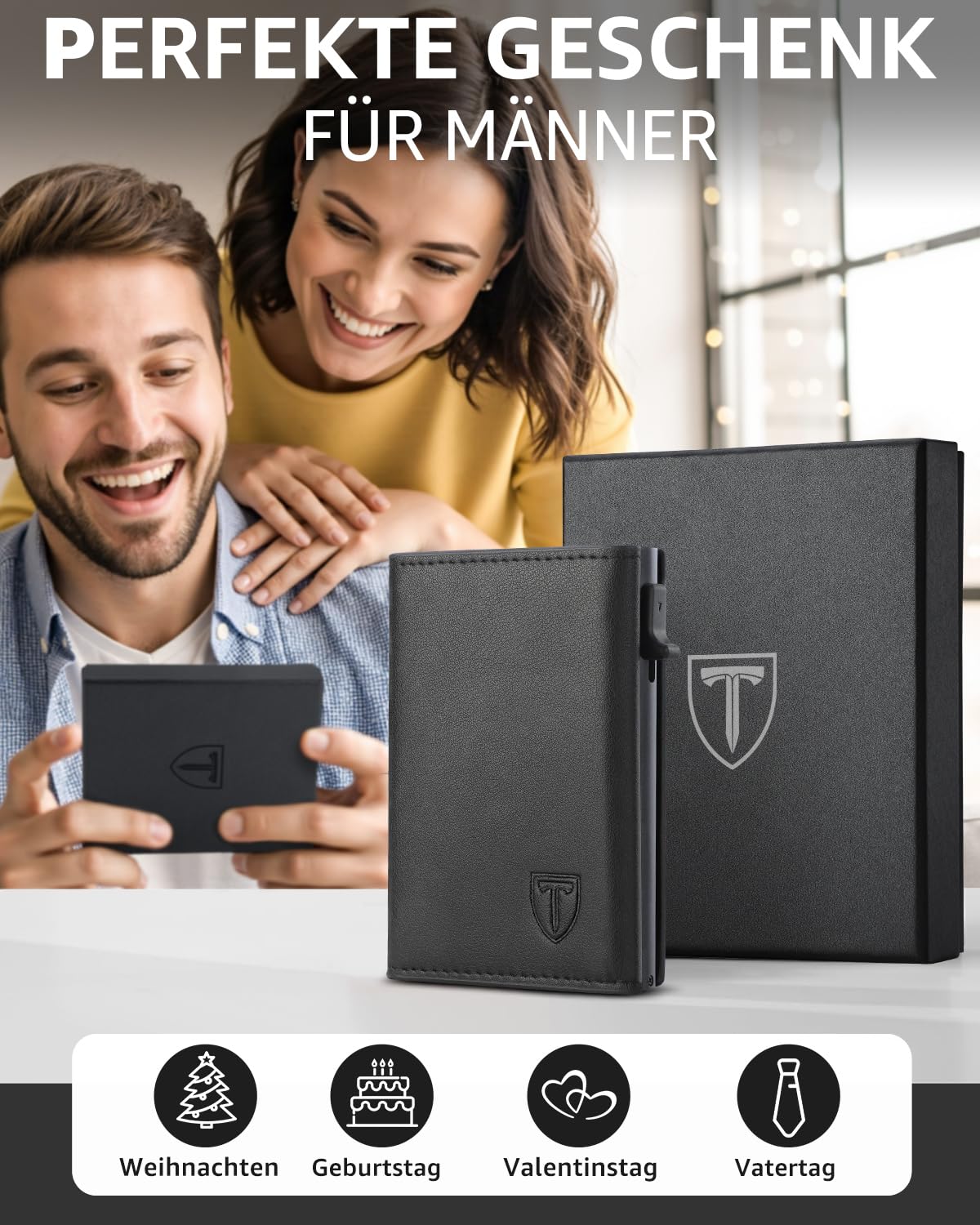 TEEHON Leder Geldbörse Herren mit Münzfach & RFID Schutz | Slim Wallet Kreditkartenetui mit Banknotenfächer | Carbon Geldbeutel Herren Kartenetui Klein& ID-Fenster | Mini Portmonee | Schwarz