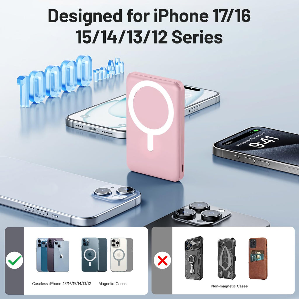 Powerbank für MagSafe, AOGUERBE Magnetische Power Bank 10000mAh, Kabellose Powerbank Schnellladung Externe Handyakkus mit LED Display für iPhone 17/16/15/14/13/12 Series