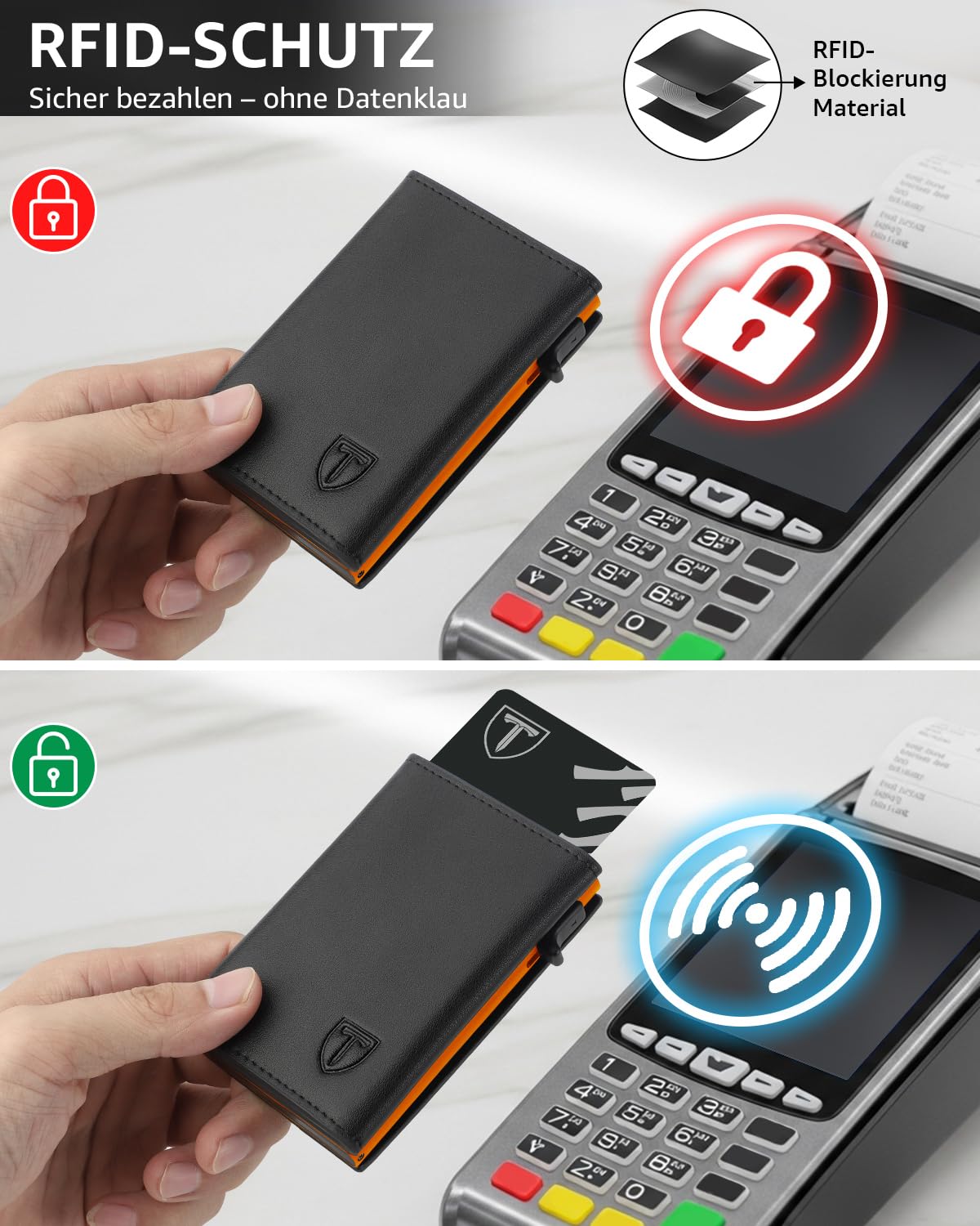 TEEHON Leder Geldbörse Herren mit Münzfach & RFID Schutz | Slim Wallet Kreditkartenetui mit Banknotenfächer | Carbon Geldbeutel Herren Kartenetui Klein& ID-Fenster | Mini Portmonee | Schwarz