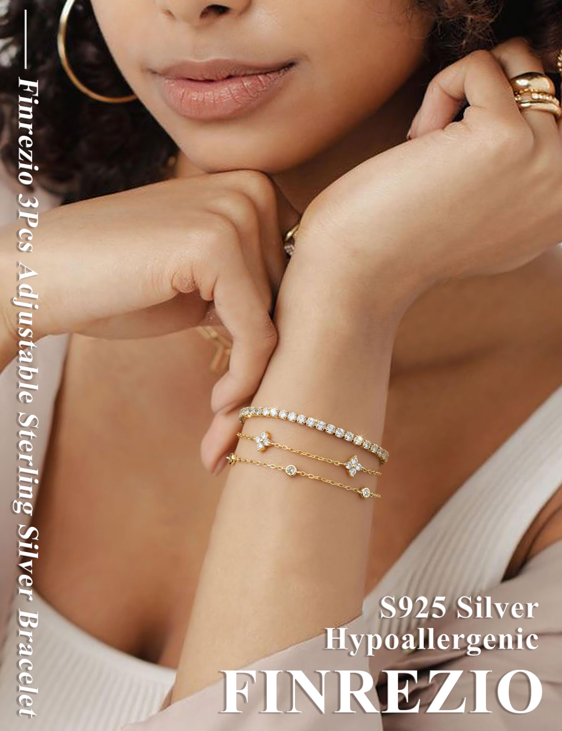 Finrezio 3 Stück Armband Damen Silber 925 Tennis Armband Silver Armband Set 14 Karat Vergoldet Gold Armbänder Damen Mit Zirkonia Verstellbare Armband Schmuck Geschenk für Damen Silber/Gold/Rosegold